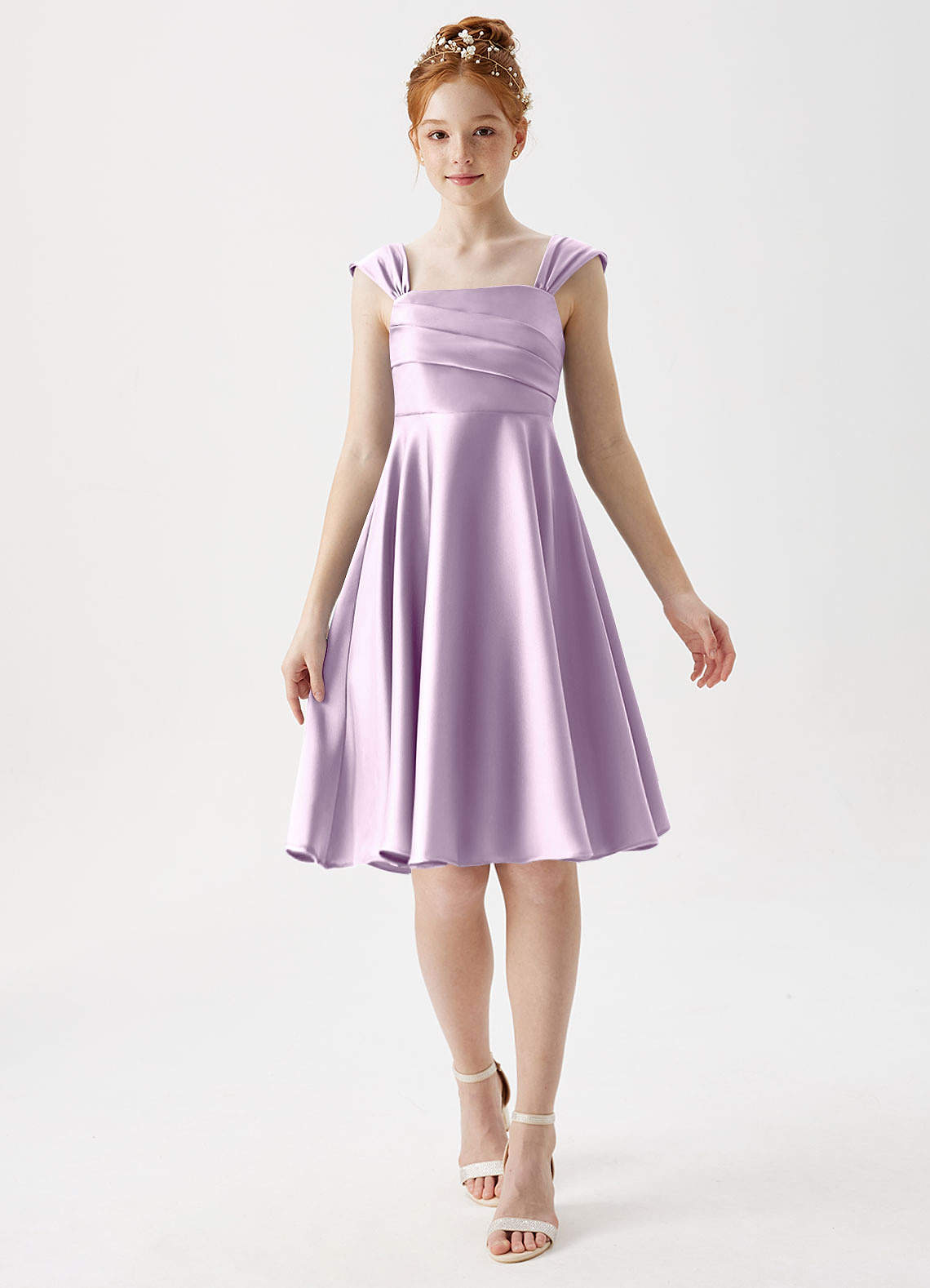 Azazie Amira Junior Frosted Lilac A-Line Pleated Stretch Satin Dress image1