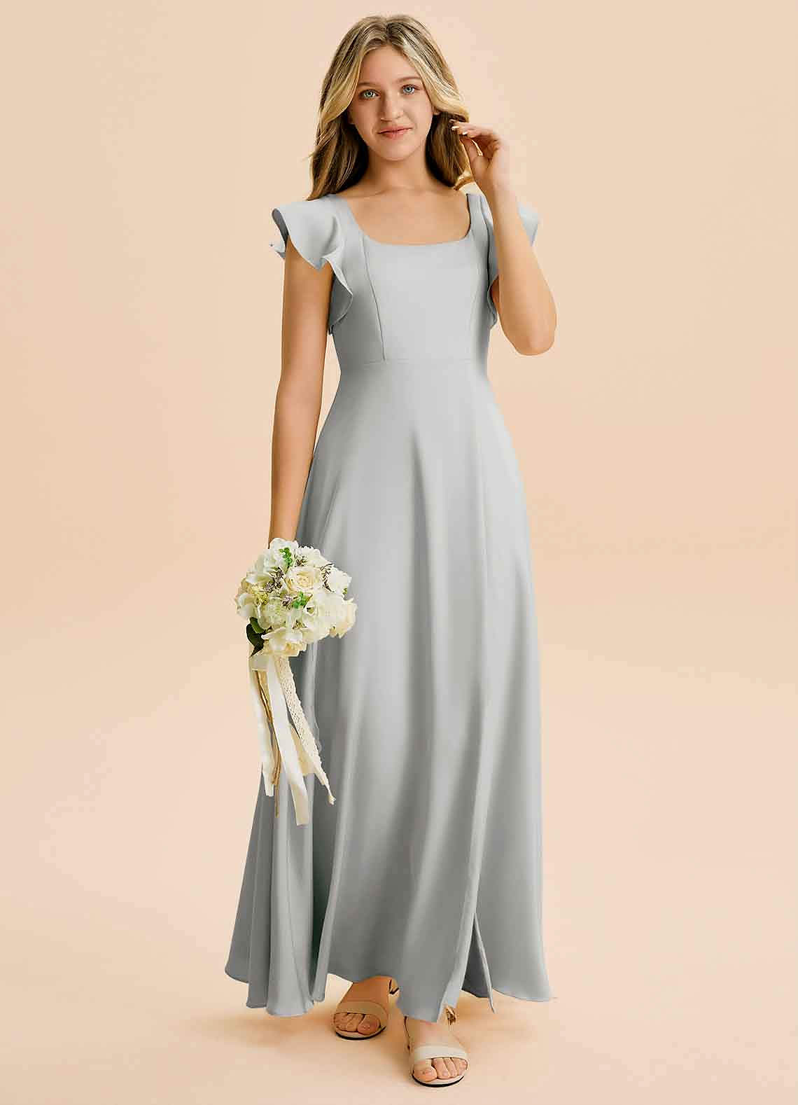 Azazie Bondi Junior Vestido Prata de Cetim elástico de Linha A com Fenda Lateral image3