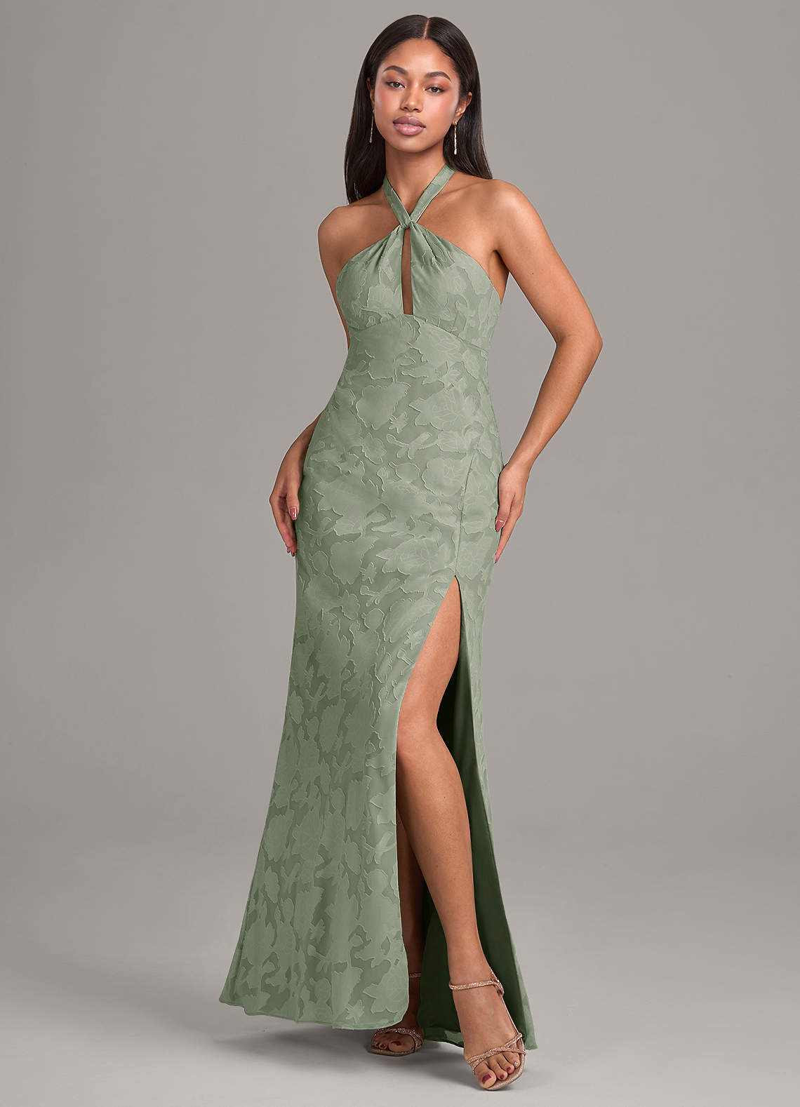 Azazie Ailany Bridesmaid Dresses Agave A-Line Pleated Floral Burnout Dress image1