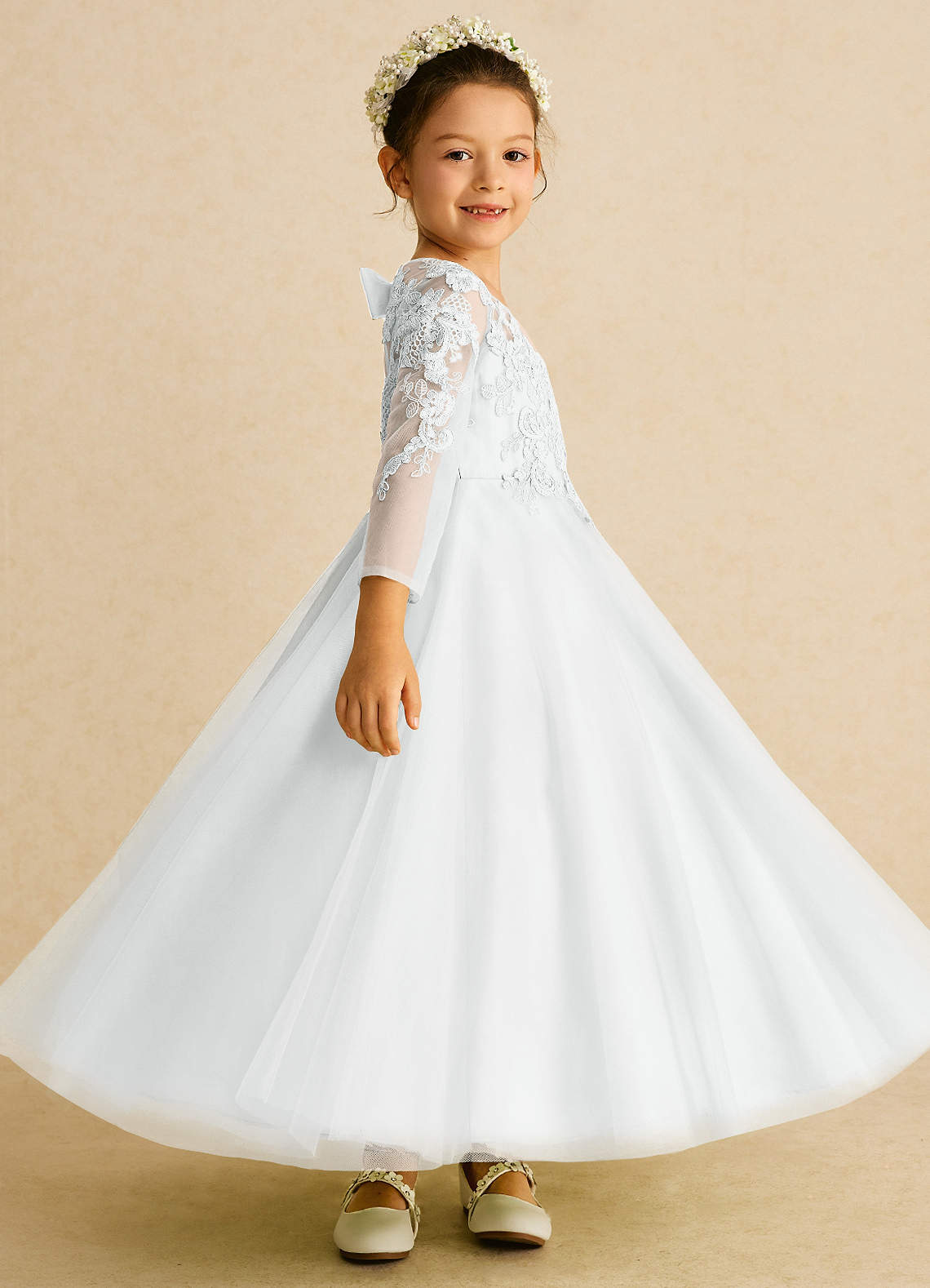 Azazie Precious Flower Girl Dresses Diamond White A-Line Lace Tulle Dress image2