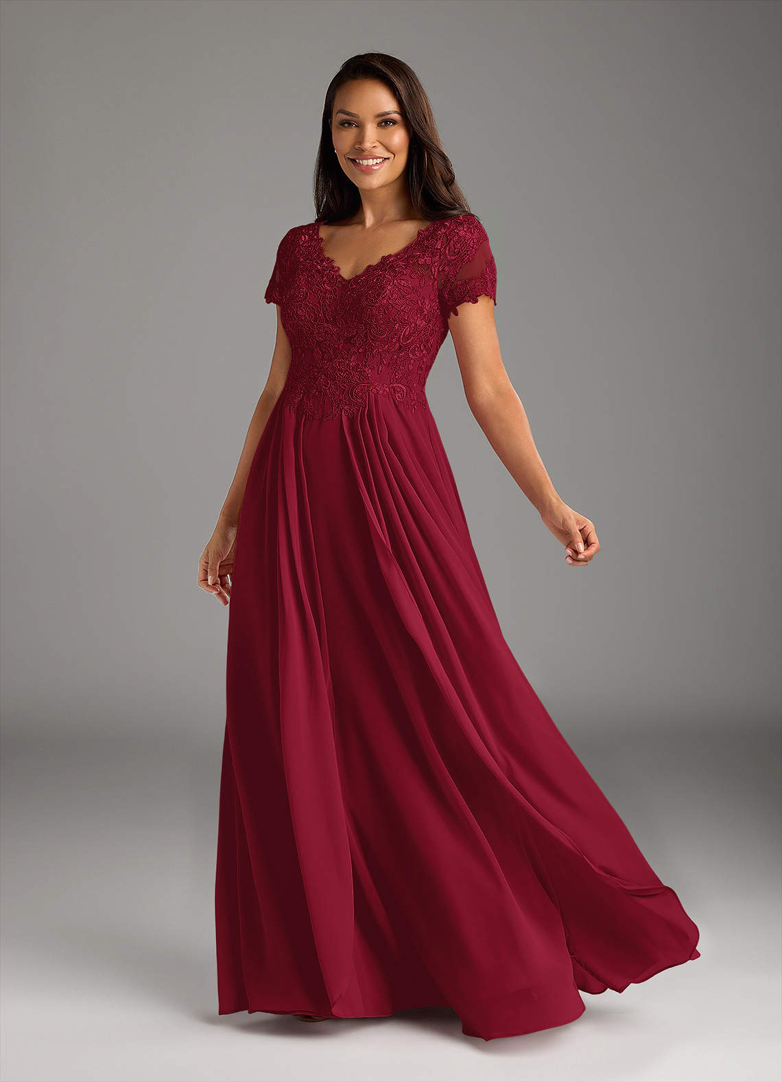Azazie Dunja Burgundy A-Line V-Neck Lace Chiffon Dress Ready to Ship |  Azazie