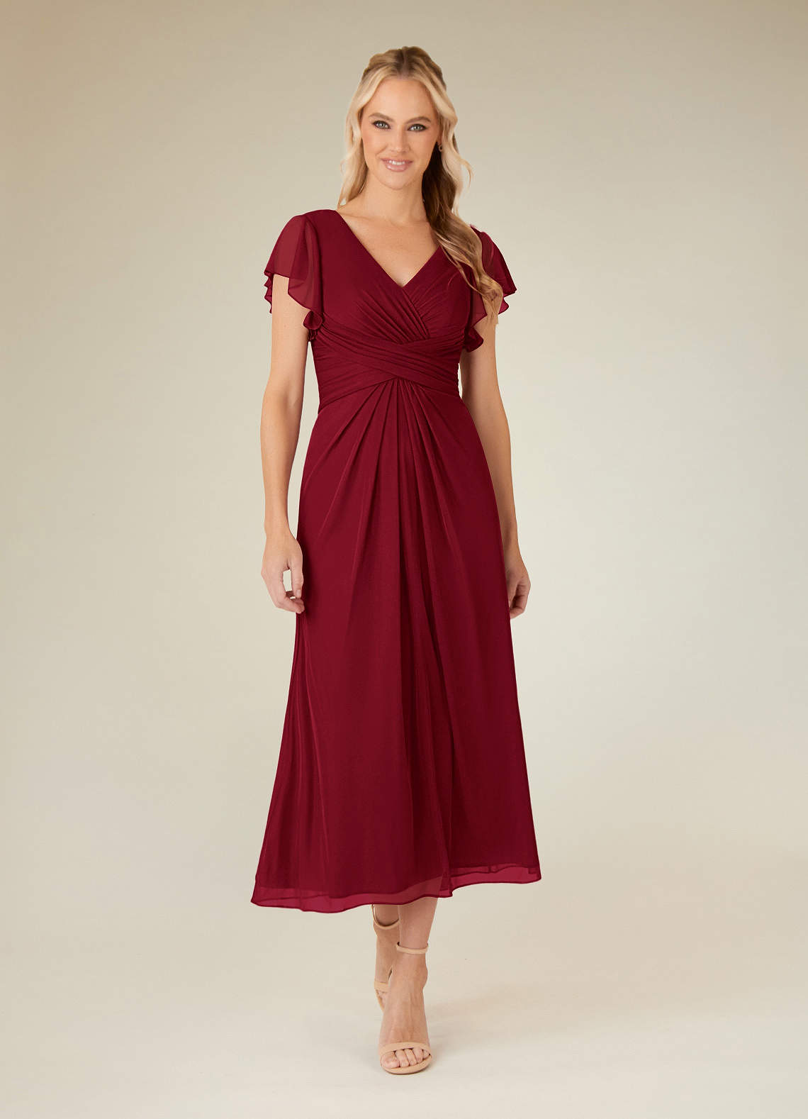 Azazie Vera Mother of the Bride Dresses Burgundy A-Line V-Neck Pleated Mesh Dress image1