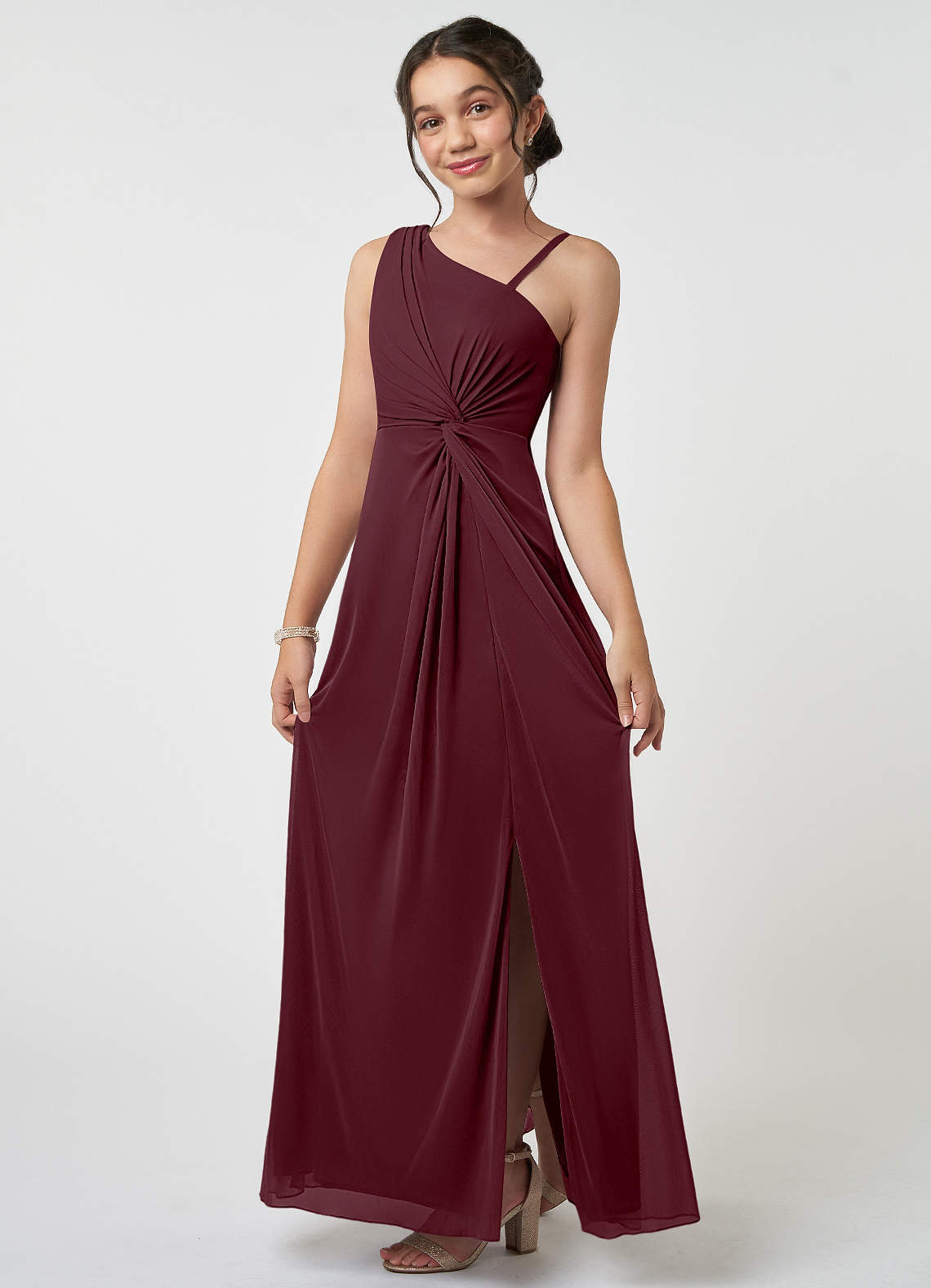 Azazie Brooke Junior Cabernet A-Line Pleated Mesh Dress image2