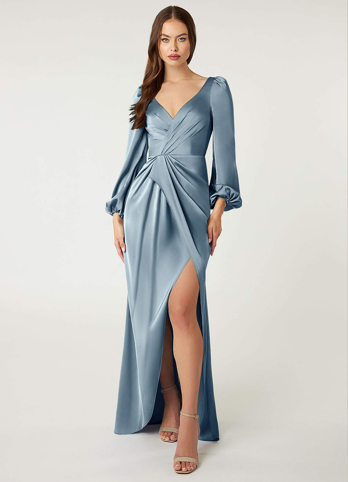 Azazie Mel Bridesmaid Dresses Dusty Blue Sheath Long Sleeve Stretch Satin Dress image1