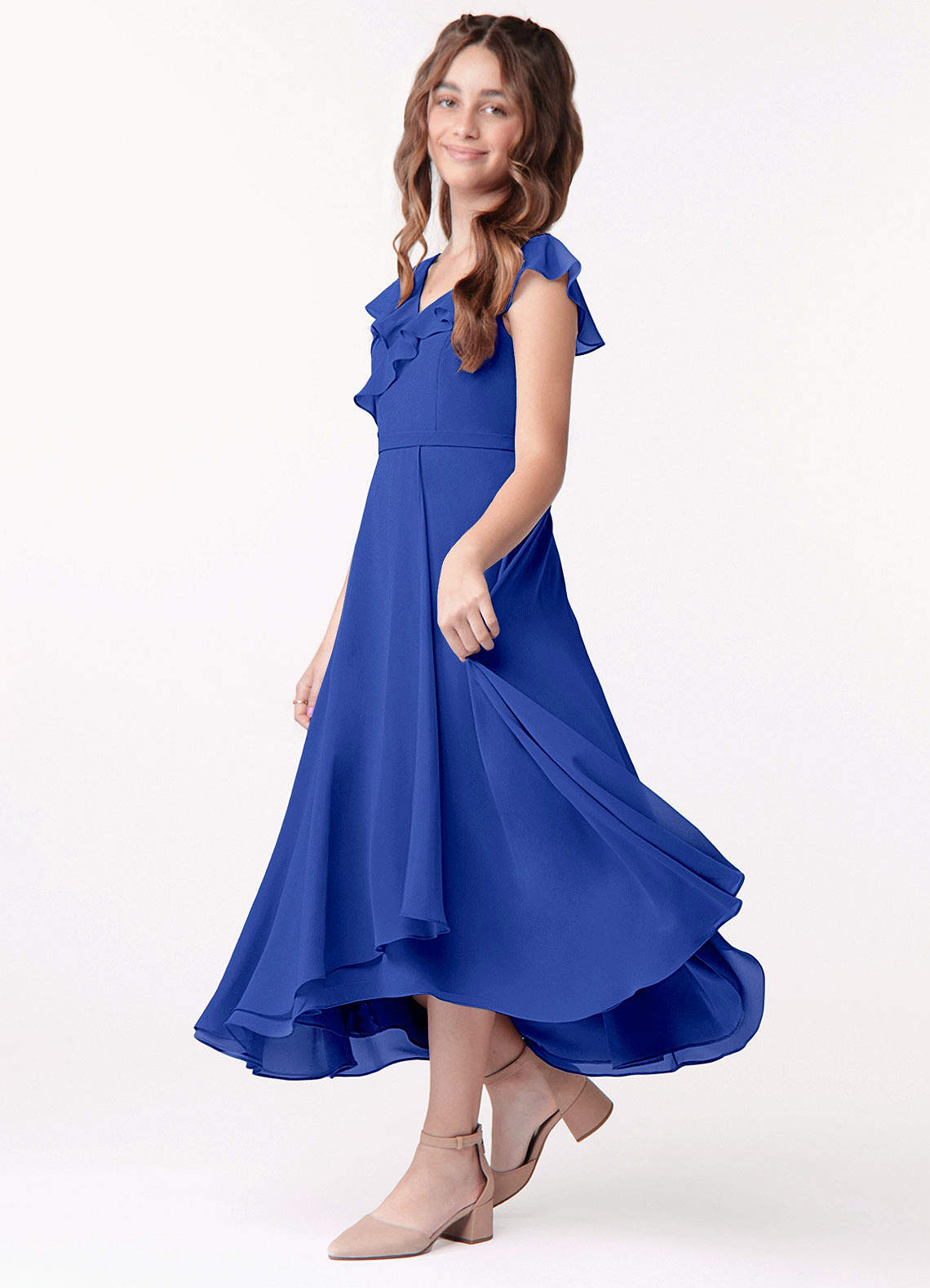 Azazie Posie Junior Royal Blue A-Line Ruched Chiffon Dress image1
