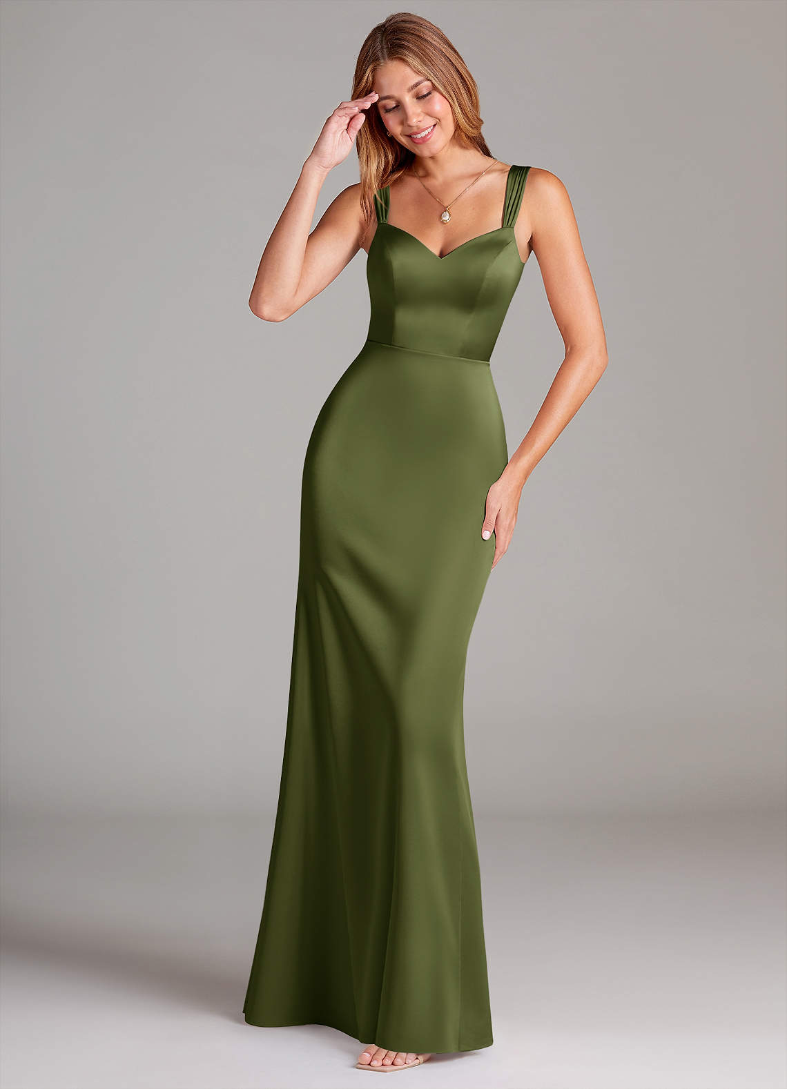 Azazie Denice Bridesmaid Dresses Olive A-Line Pleated Stretch Satin Dress image1