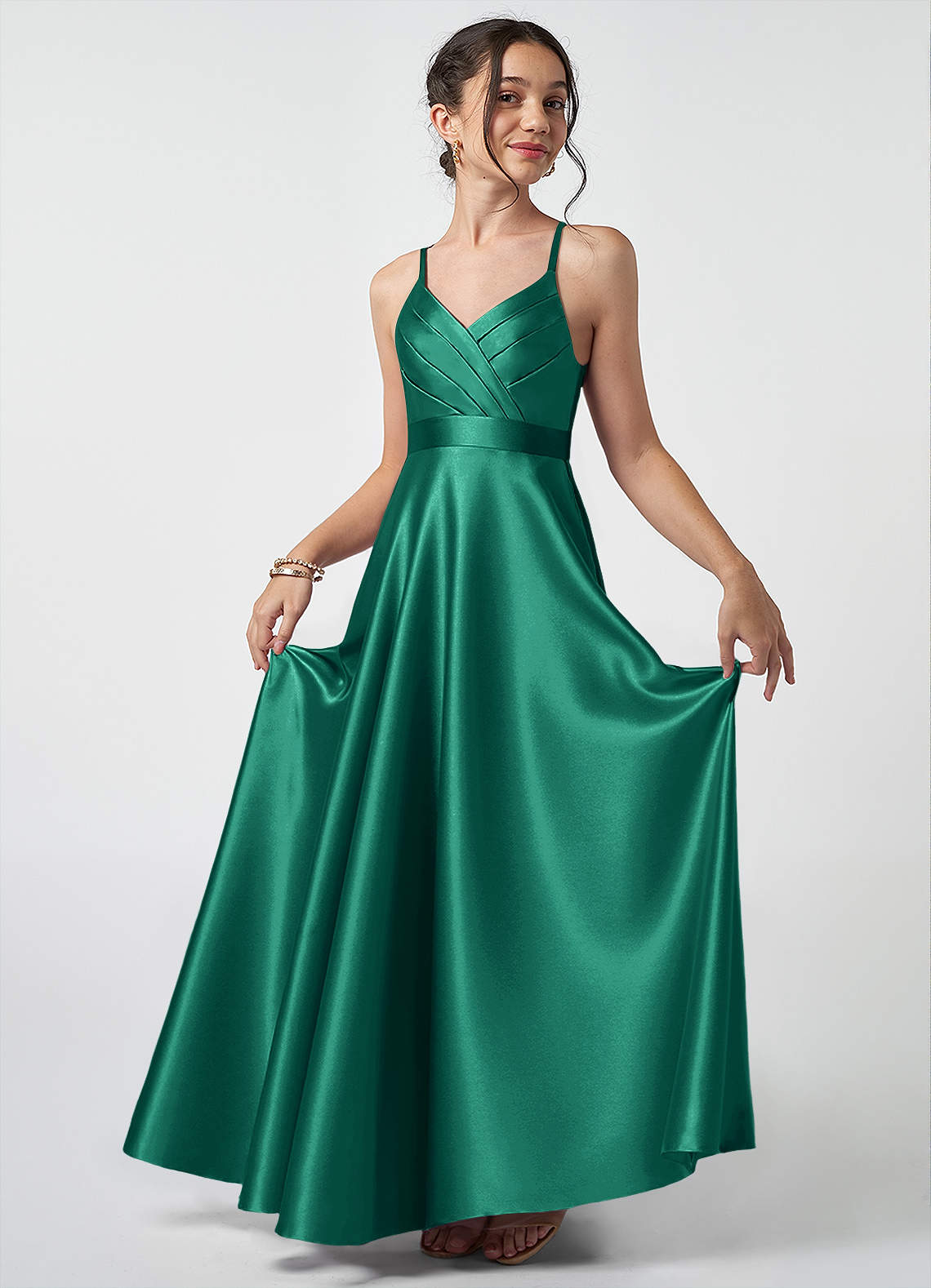 Azazie Avelina Junior A-Linie Plissee Metallischer Satin Kleid Smaragd image1