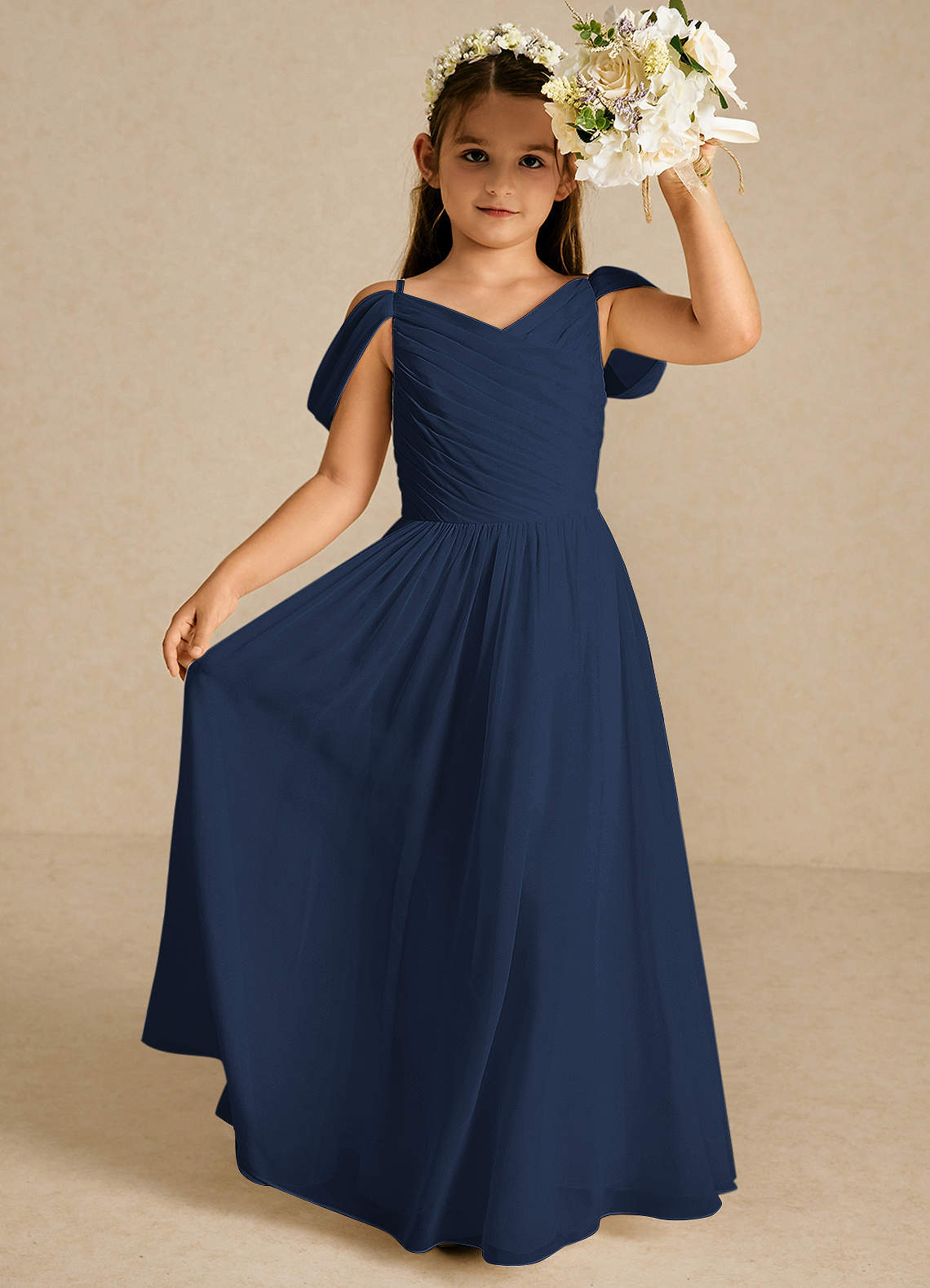 Azazie Chelle vestidos de niña de las flores Vestido de Azul Marino Oscuro de Gasa de Corte En A con Plisado image1