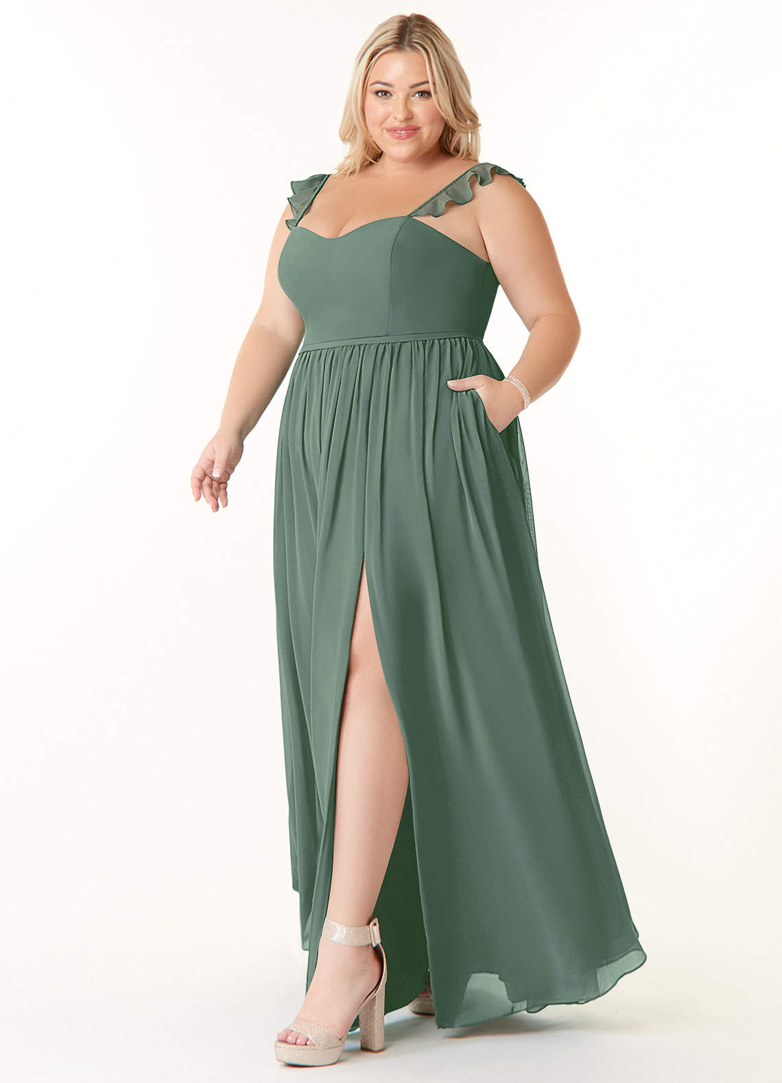 sage green plus size dresses AW Furst Dress, Crystal Satin Satin Charmeuse Stretch Satin Floor Length V-Neck Bridesmaid full skirt that grazes the floor Women's Plus Sage Green Tie