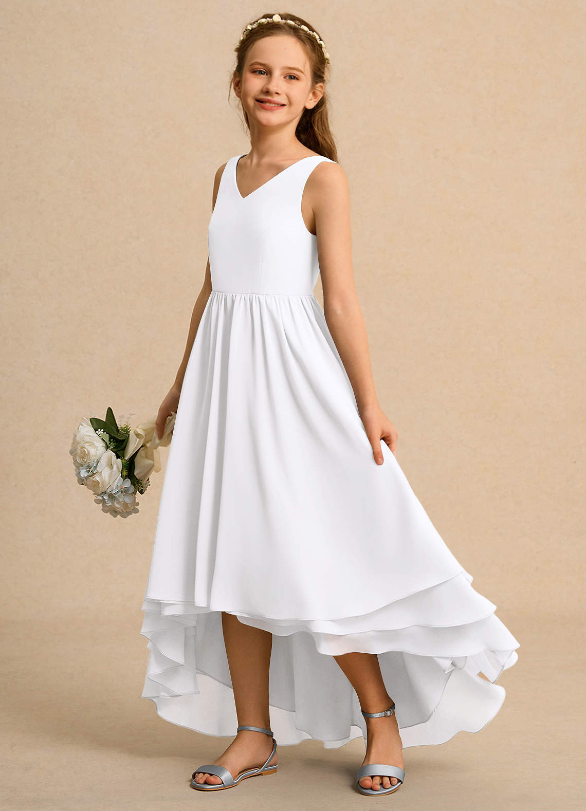 Azazie Kitten Girl vestidos de niña de las flores Vestido de Blanco de Gasa de Corte En A image1