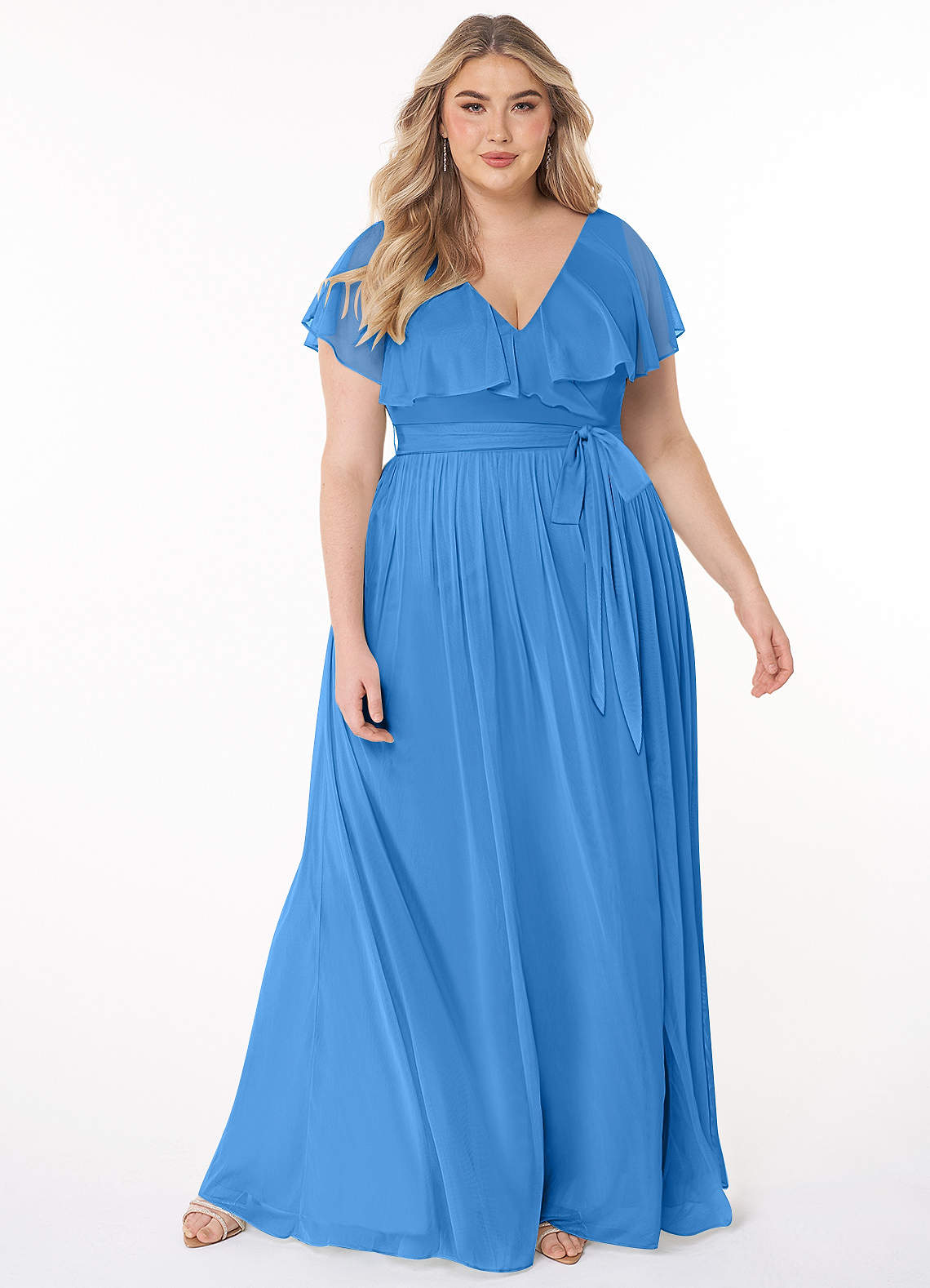 Azazie Jael Robes de demoiselle d'honneur Robe Trapèze en Maille Col en V Geai Bleu image1