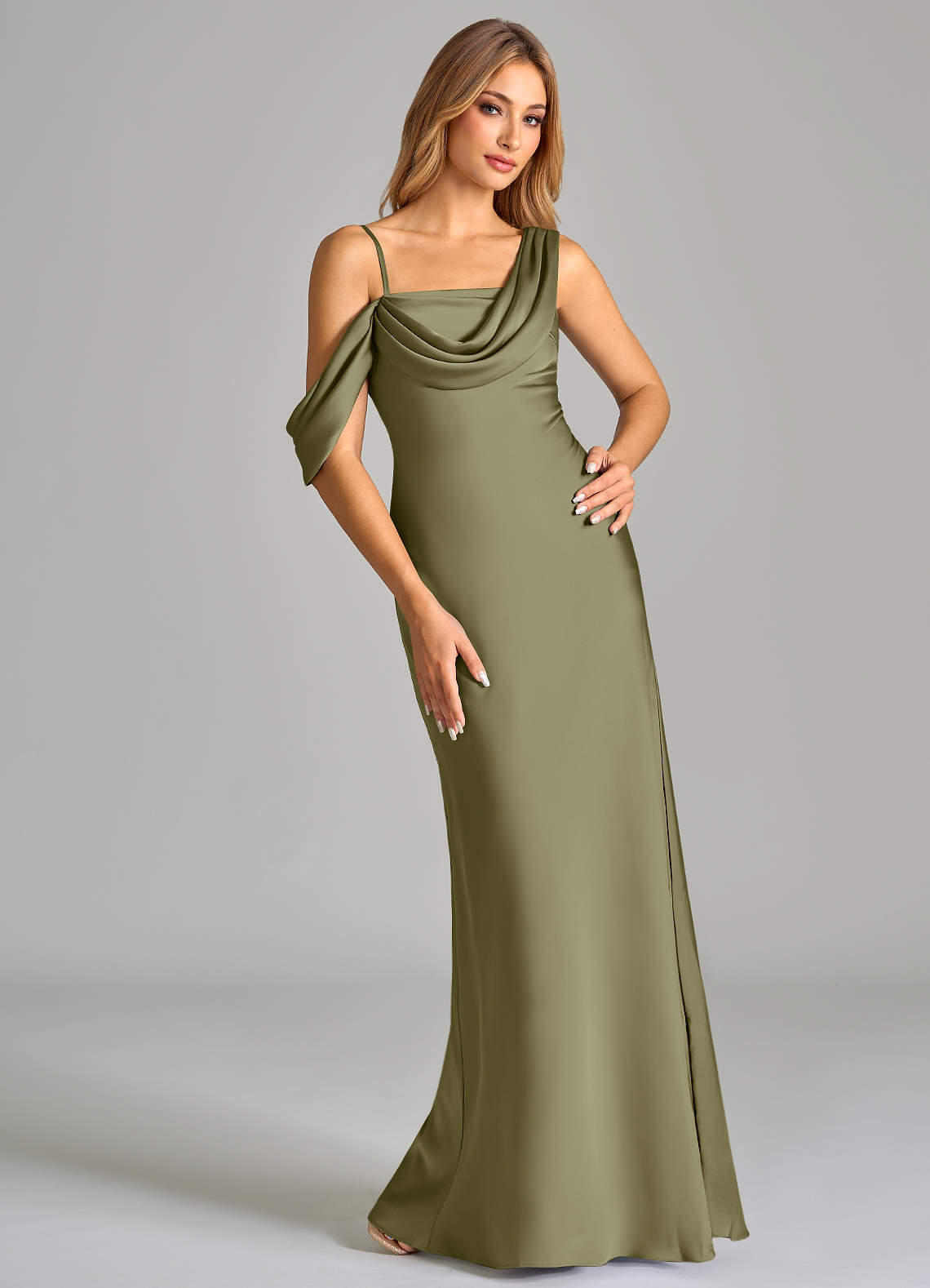 Azazie Celina Vestidos de madrinha de casamento Vestir Pistache de Cetim elástico de Bainha com Fora do ombro image1