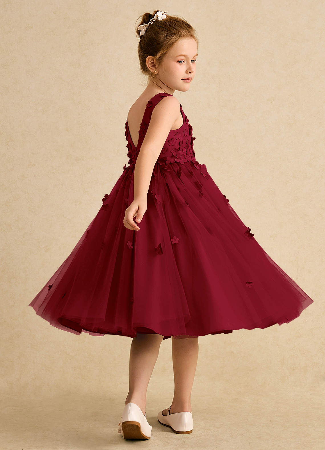 Azazie Lana Flower Girl Dresses Burgundy A-Line Sleeveless Matte Satin Dress image3