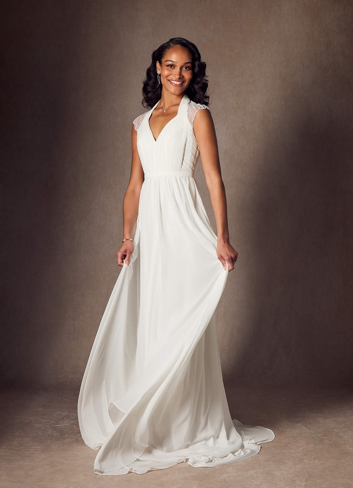 Azazie Cersei Vestidos de novia Vestido de Diamante Blanco de Gasa de Corte en A con Plisado image3