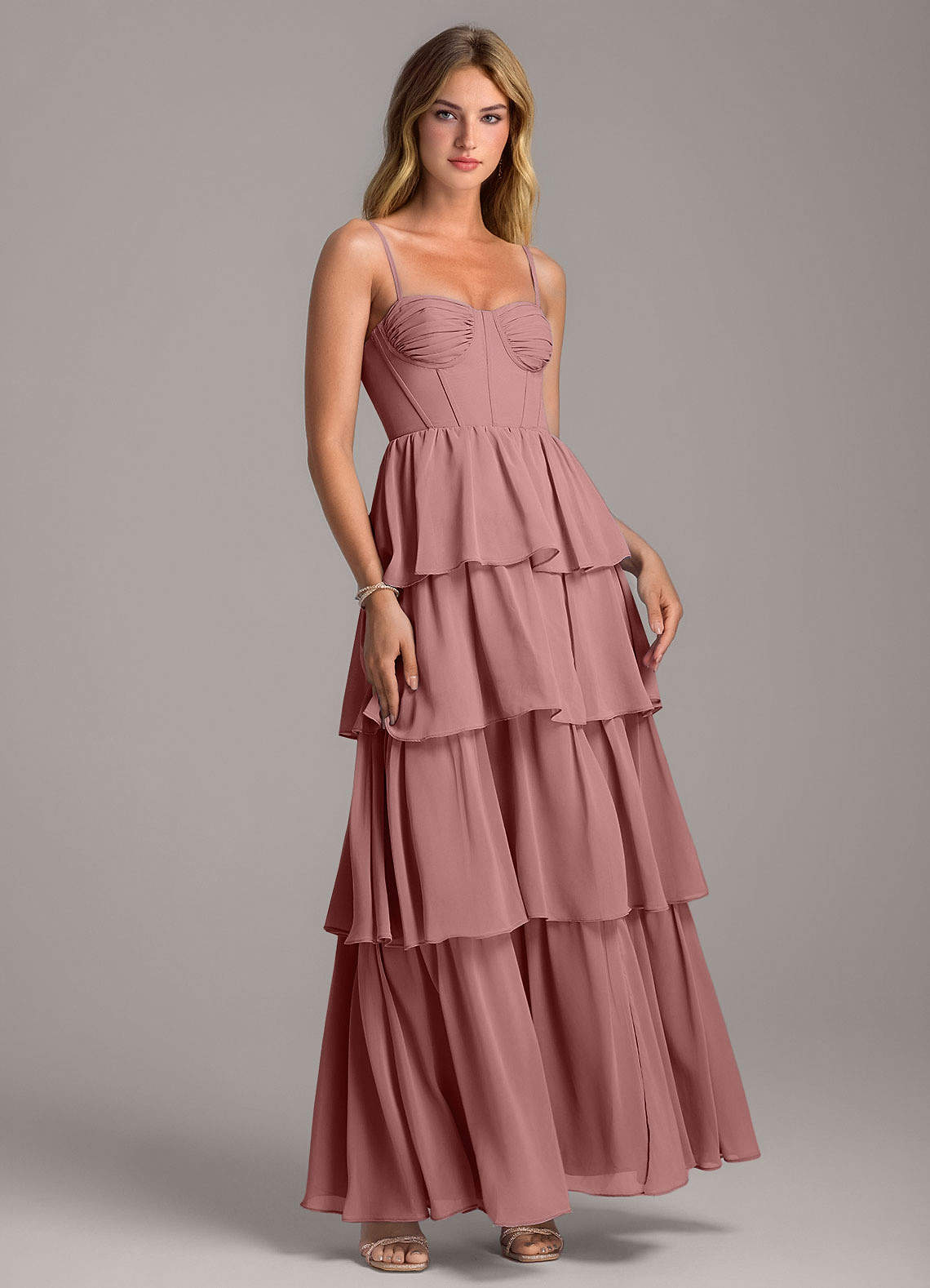 Azazie Alanna Brautjungfernkleider A-Linie Herzausschnitt Chiffon Kleid Wüstenrose image1