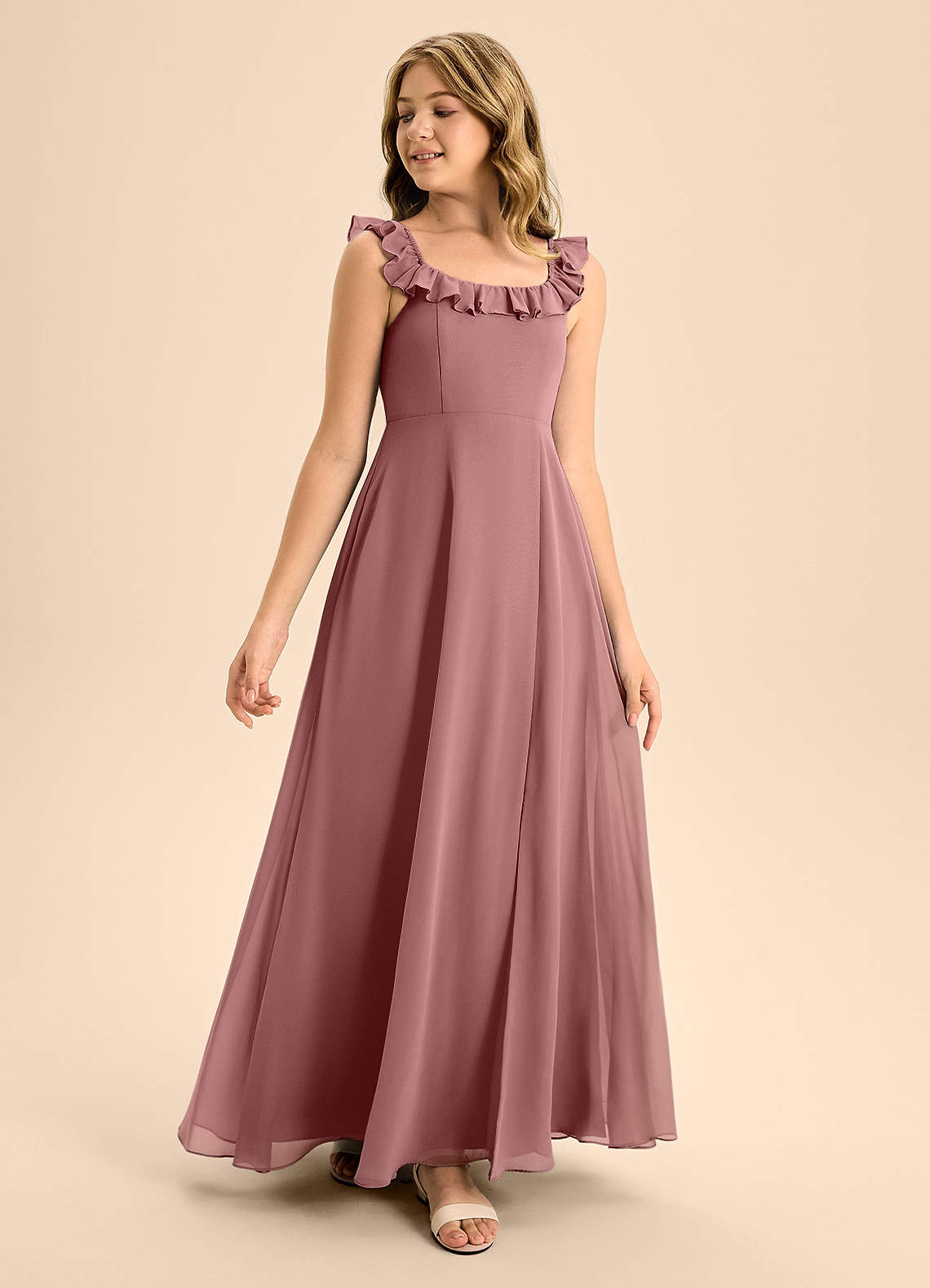 Azazie Callie Junior Desert Rose A-Line Ruched Chiffon Dress image1