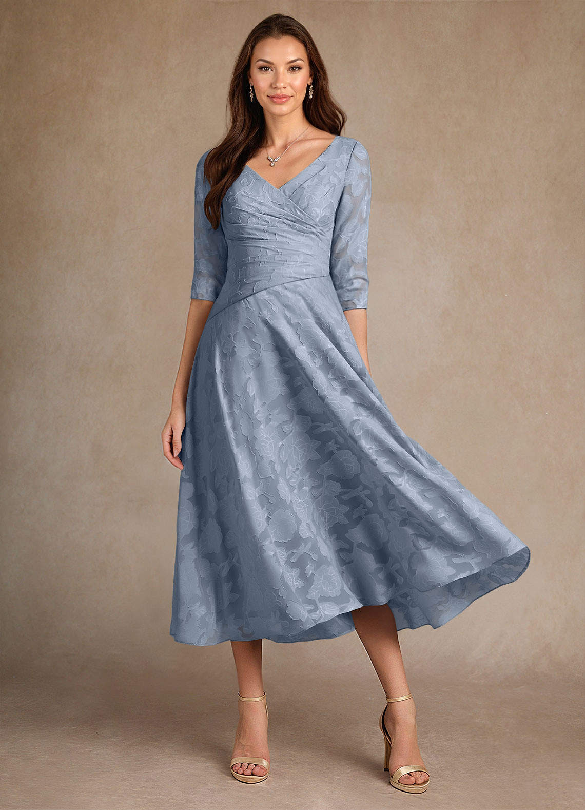 Azazie Durant Mother of the Bride Dresses Dusty Blue A-Line Pleated Floral Burnout Dress image1