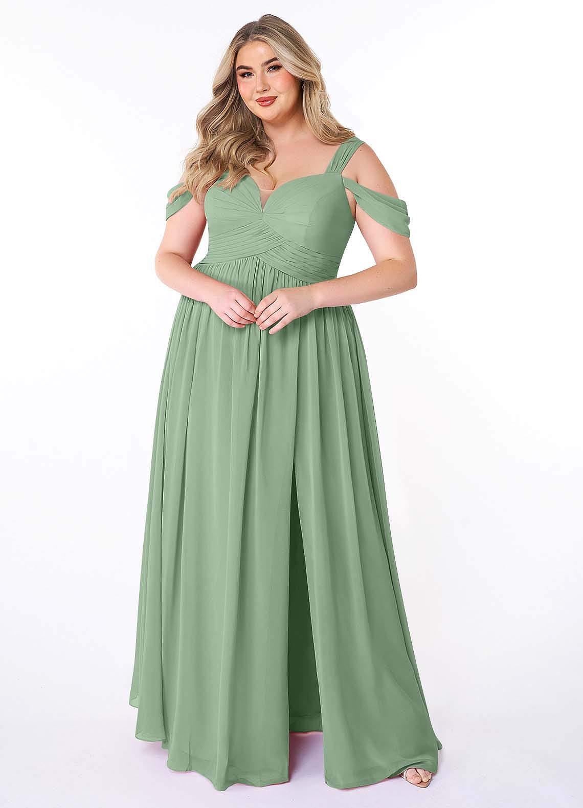 Azazie Lianne Bridesmaid Dresses Matcha A-Line Off the Shoulder Chiffon Dress image1