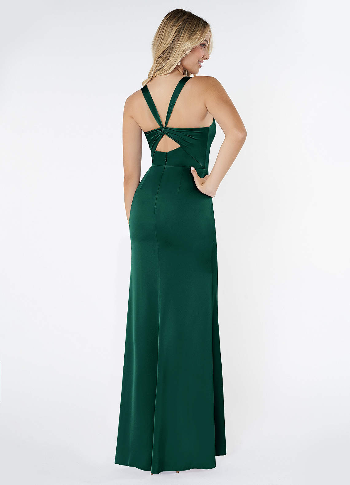 Azazie Mero Bridesmaid Dresses Emerald Sheath Pleated Stretch Satin Dress image2