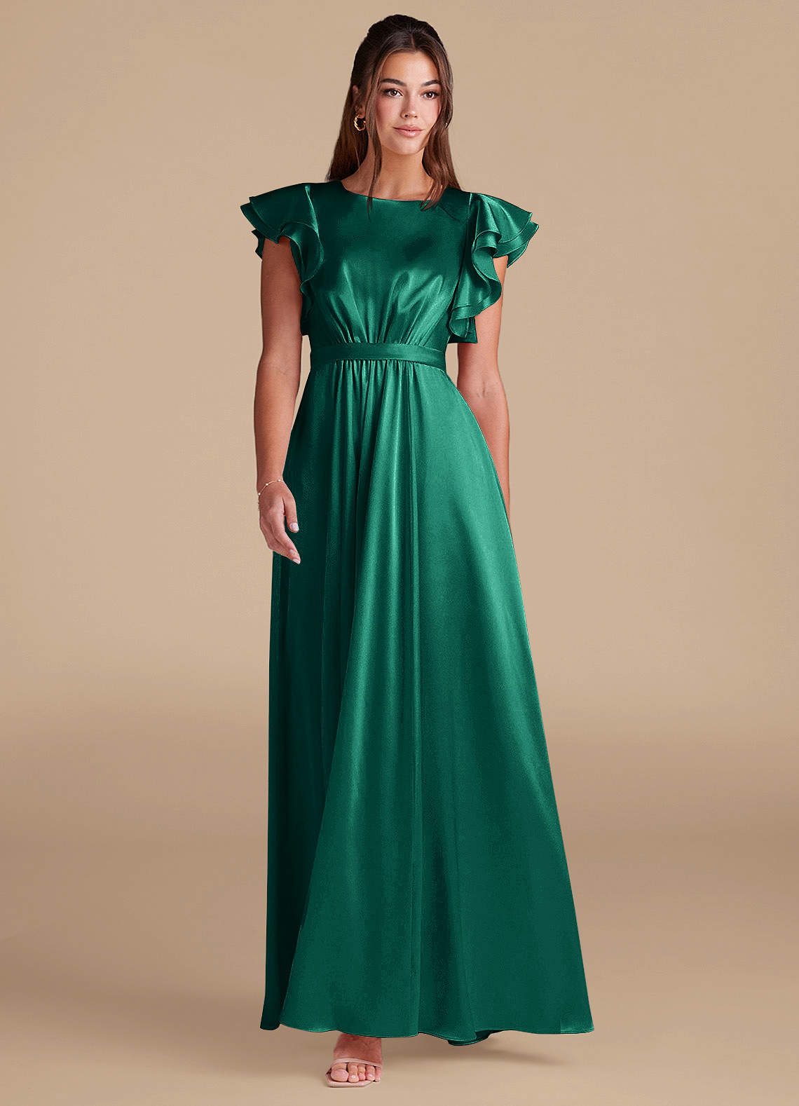 Azazie Daphne Modest Bridesmaid Dresses A-Line Ruched Metallic Satin Floor-Length Dress image2