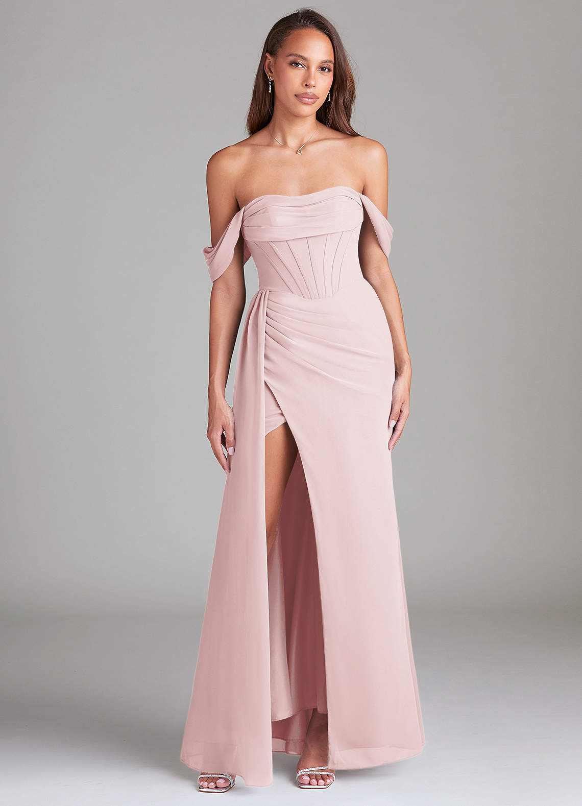 Azazie Amyra Bridesmaid Dresses Blushing Pink Sheath Off the Shoulder Chiffon Convertible Dress image1