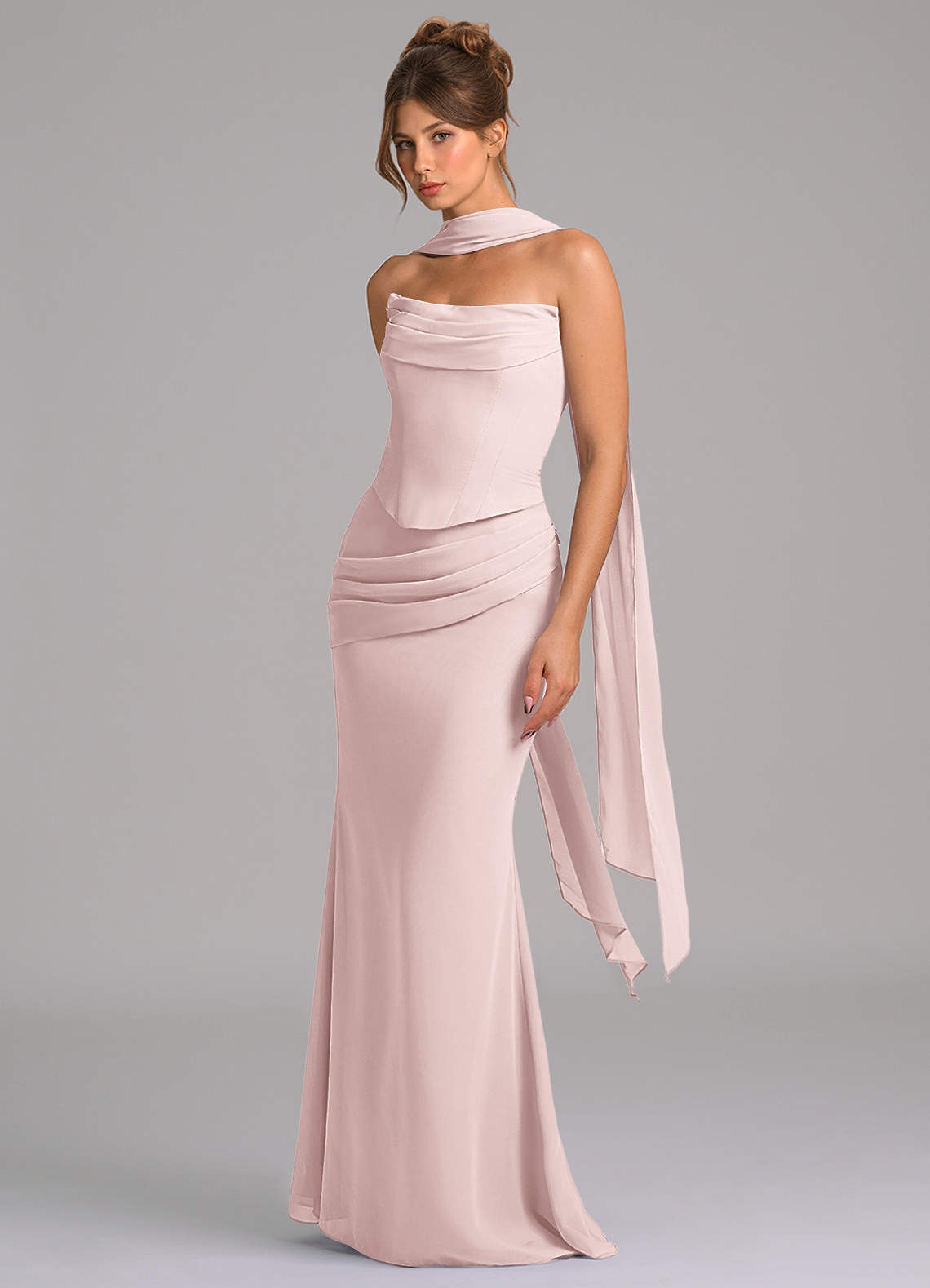 Azazie Sorrel Vestidos de damas de honor Vestido de Rosa Rubor de Gasa de Corte Sirena con Corsé image4