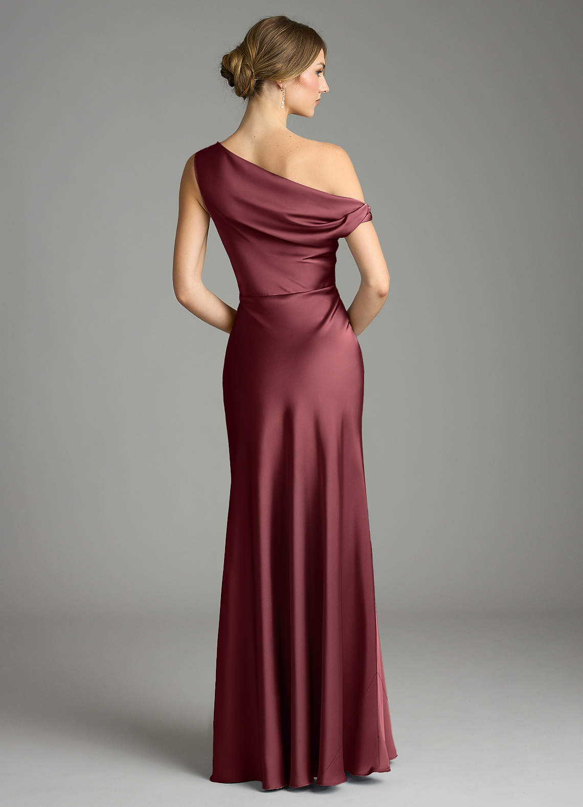 Azazie Emerson Bridesmaid Dresses Merlot Mermaid Off the Shoulder Stretch Satin Dress image2