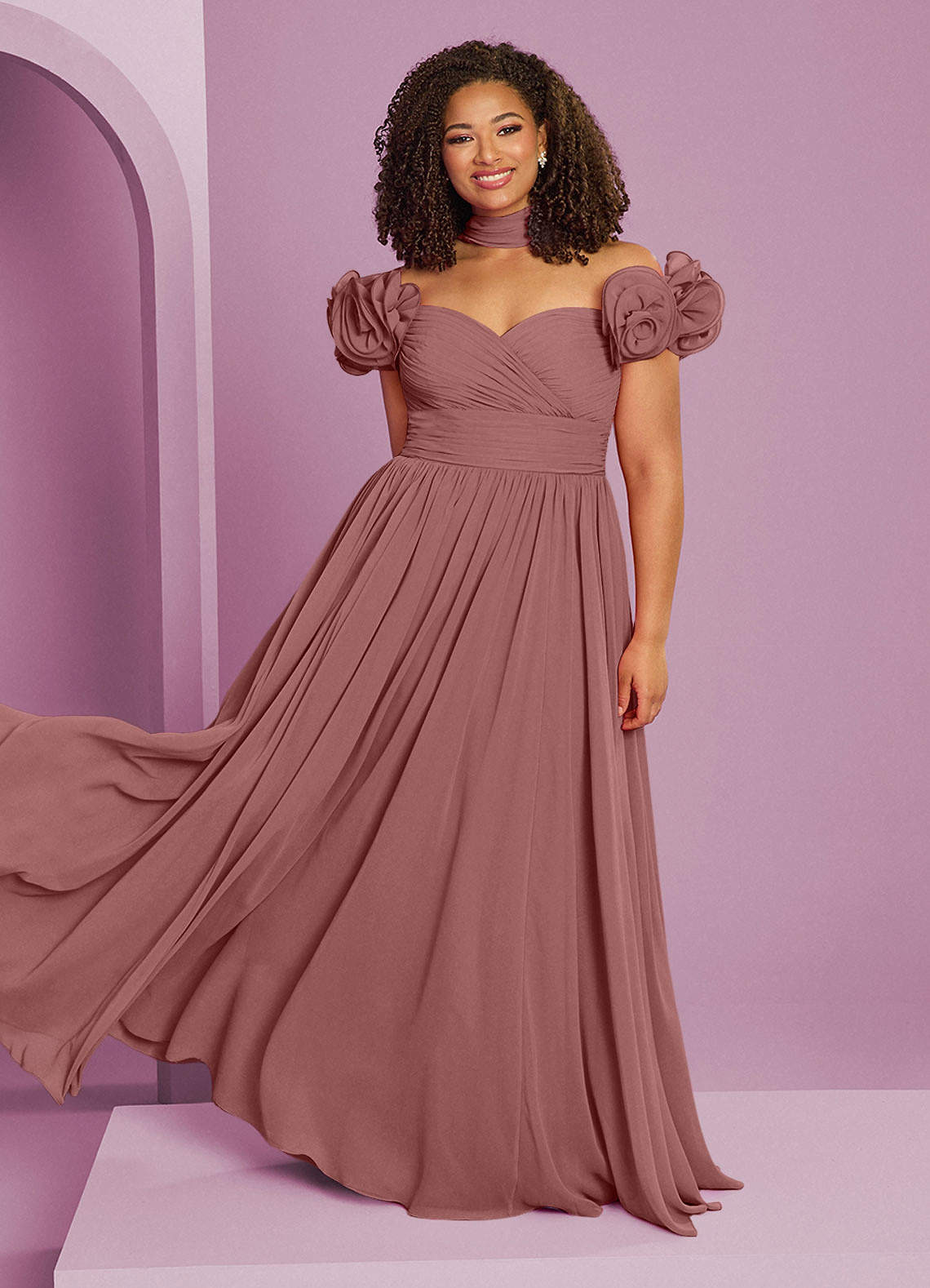 Barbie ♥ Azazie Jurken voor bruidsmeisjes Converteerbaar Jurk van Chiffon met A-Lijn Off the Shoulder Woestijnroos image1