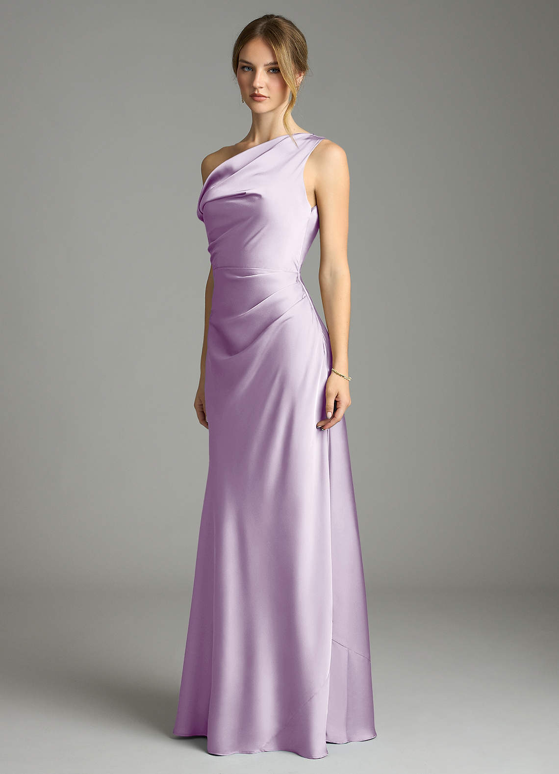 Azazie Emerson Bridesmaid Dresses Frosted Lilac Mermaid Off the Shoulder Stretch Satin Dress image3