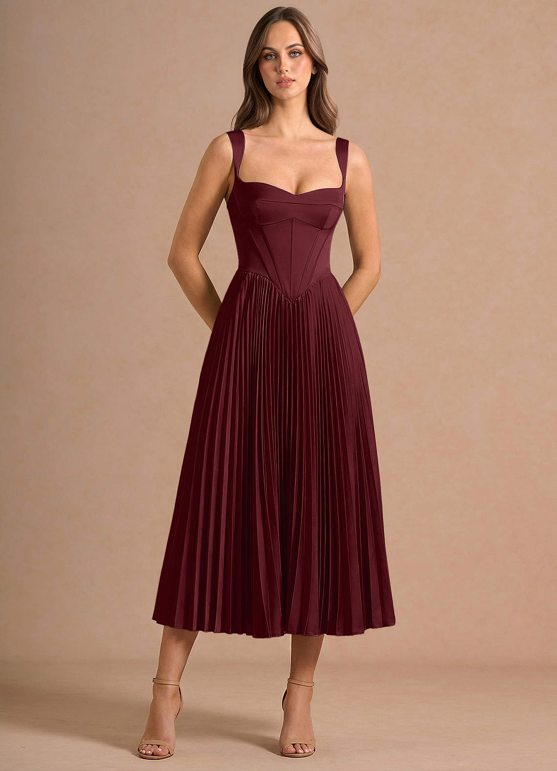knee length dresses for ladies Burgundy Satin Smocked Pleated Midi Dress – PinkBlush main image 0