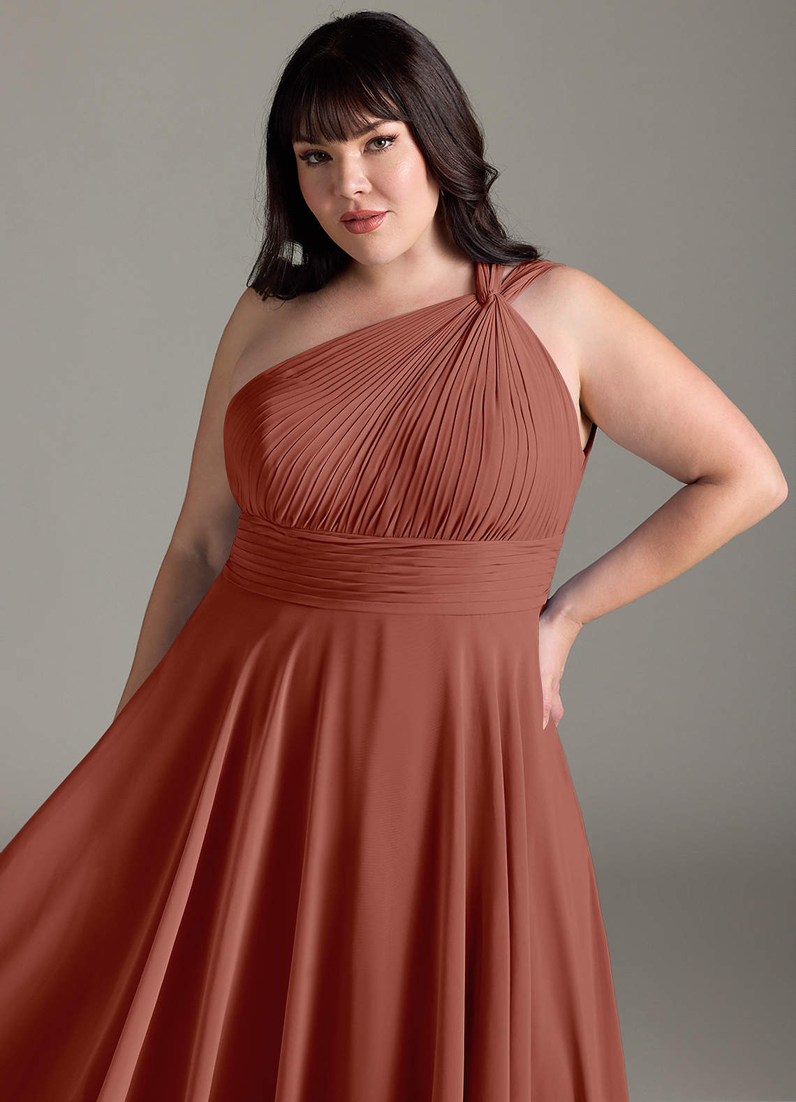 Azazie Charlize Bridesmaid Dresses Auburn A-Line One Shoulder Chiffon Dress image11