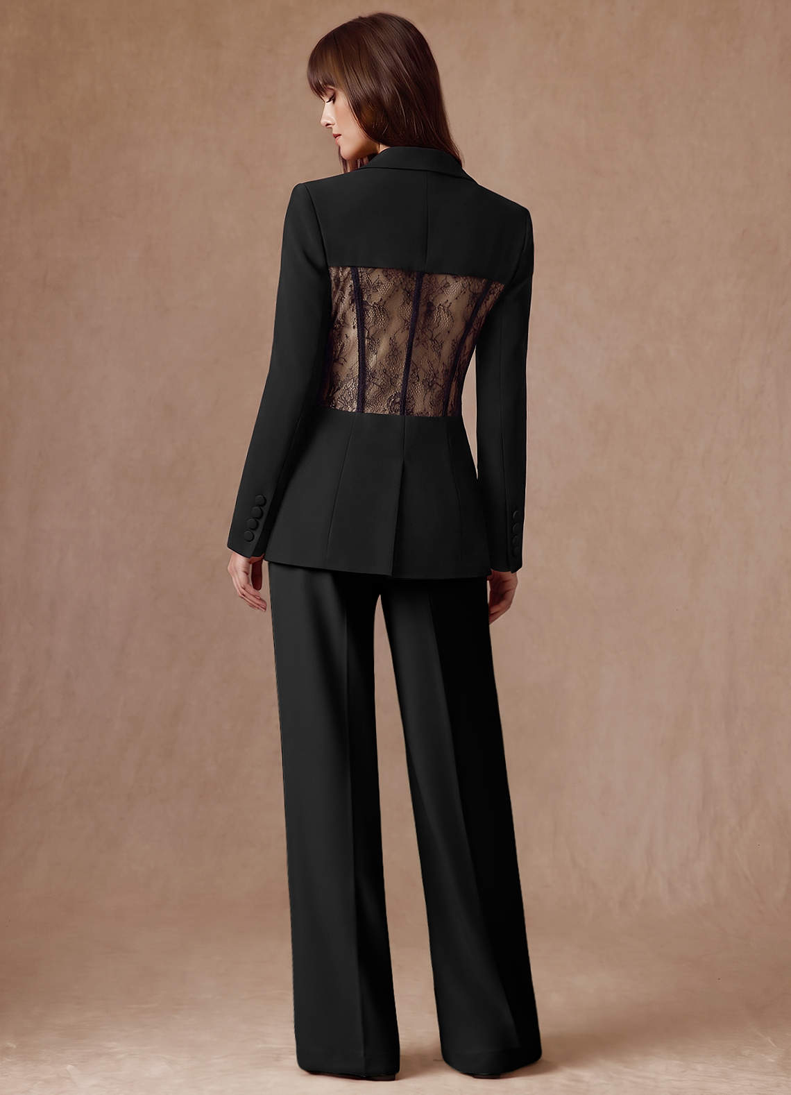 front Juliette Black Refined Weave Lace Panel Tailored Blazer