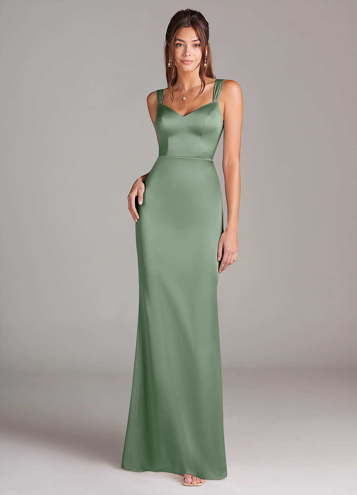 Azazie Denice Bridesmaid Dresses Matcha Sheath Pleated Stretch Satin Dress image2