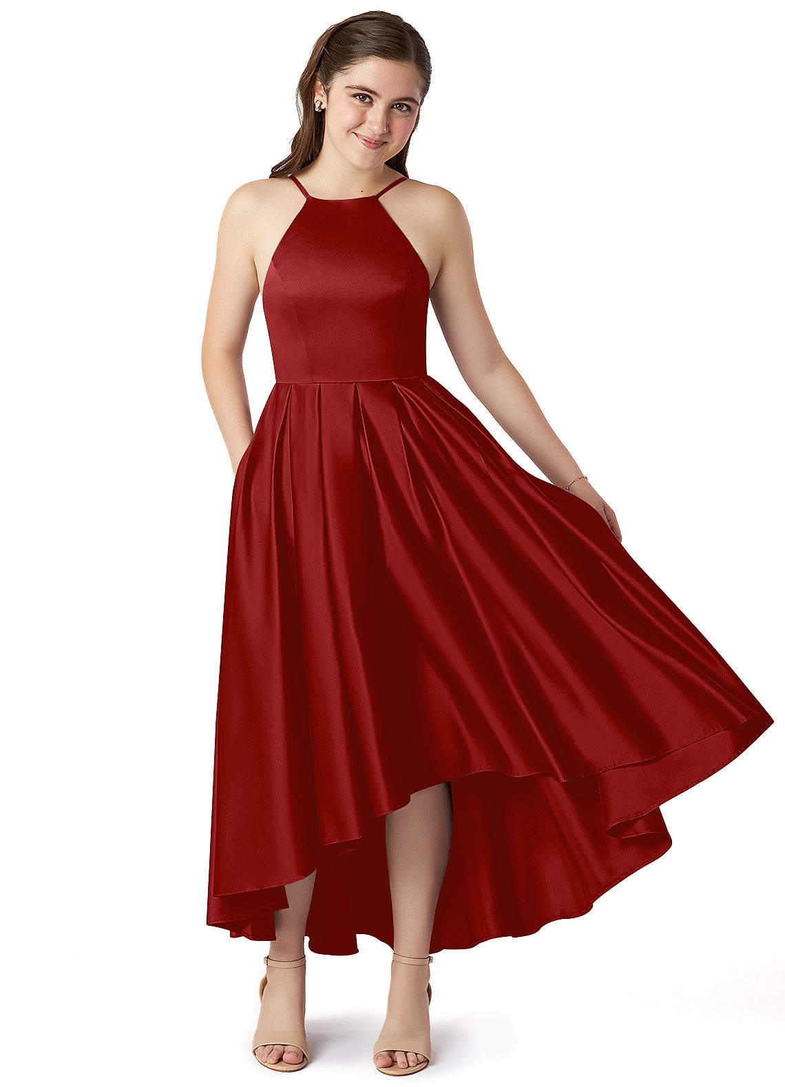 Azazie Jemima Junior A-Linie mit Taschen Stretch-Satin Kleid Granatapfelrot image1