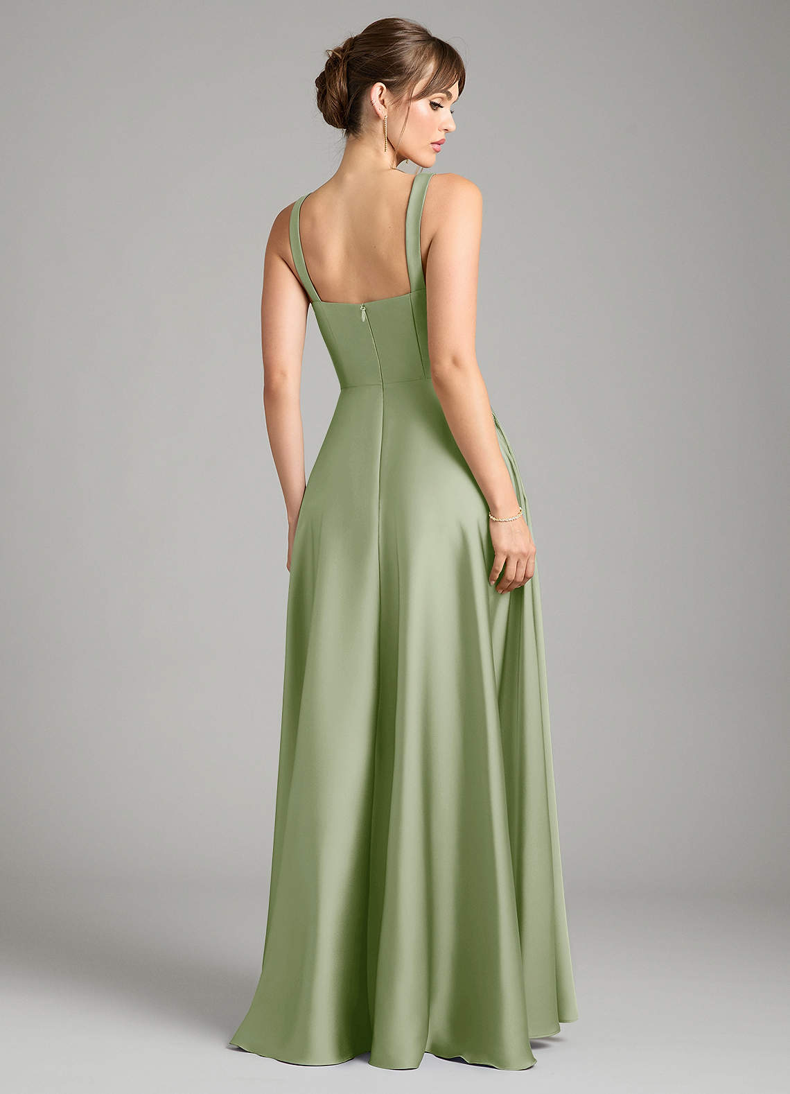 Azazie Shaude Bridesmaid Dresses Dusty Sage A-Line Pleated Stretch Satin Dress image1