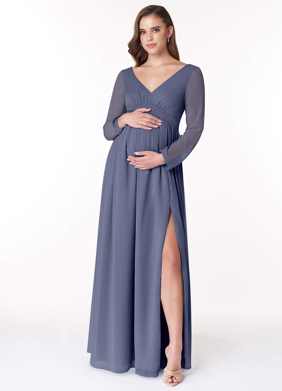 Azazie Teton Maternity Bridesmaid Dresses A-Line Long Sleeve Chiffon Floor-Length Dress image1