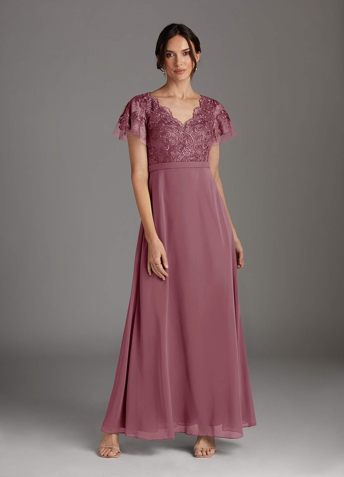 Azazie Singer Mother of the Bride Dresses Vintage Mauve A-Line V-Neck Lace Chiffon Dress image1