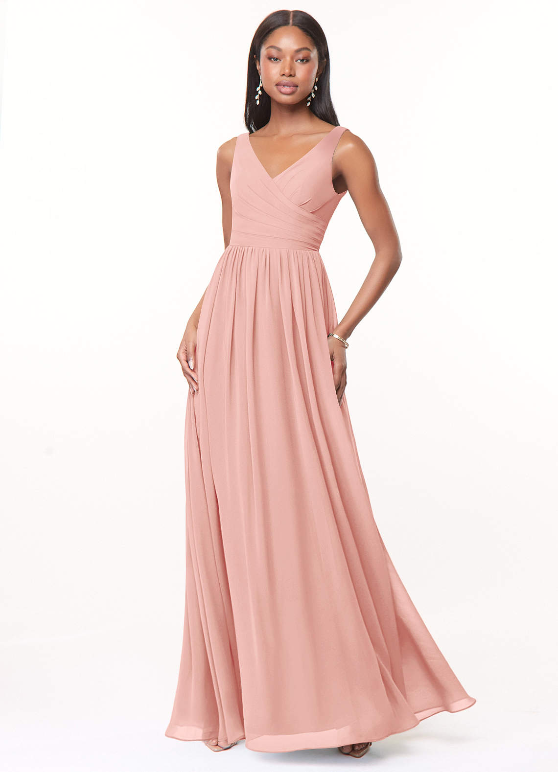 Azazie Keyla Bridesmaid Dresses Rosette A-Line V-Neck Pleated Chiffon Dress image1