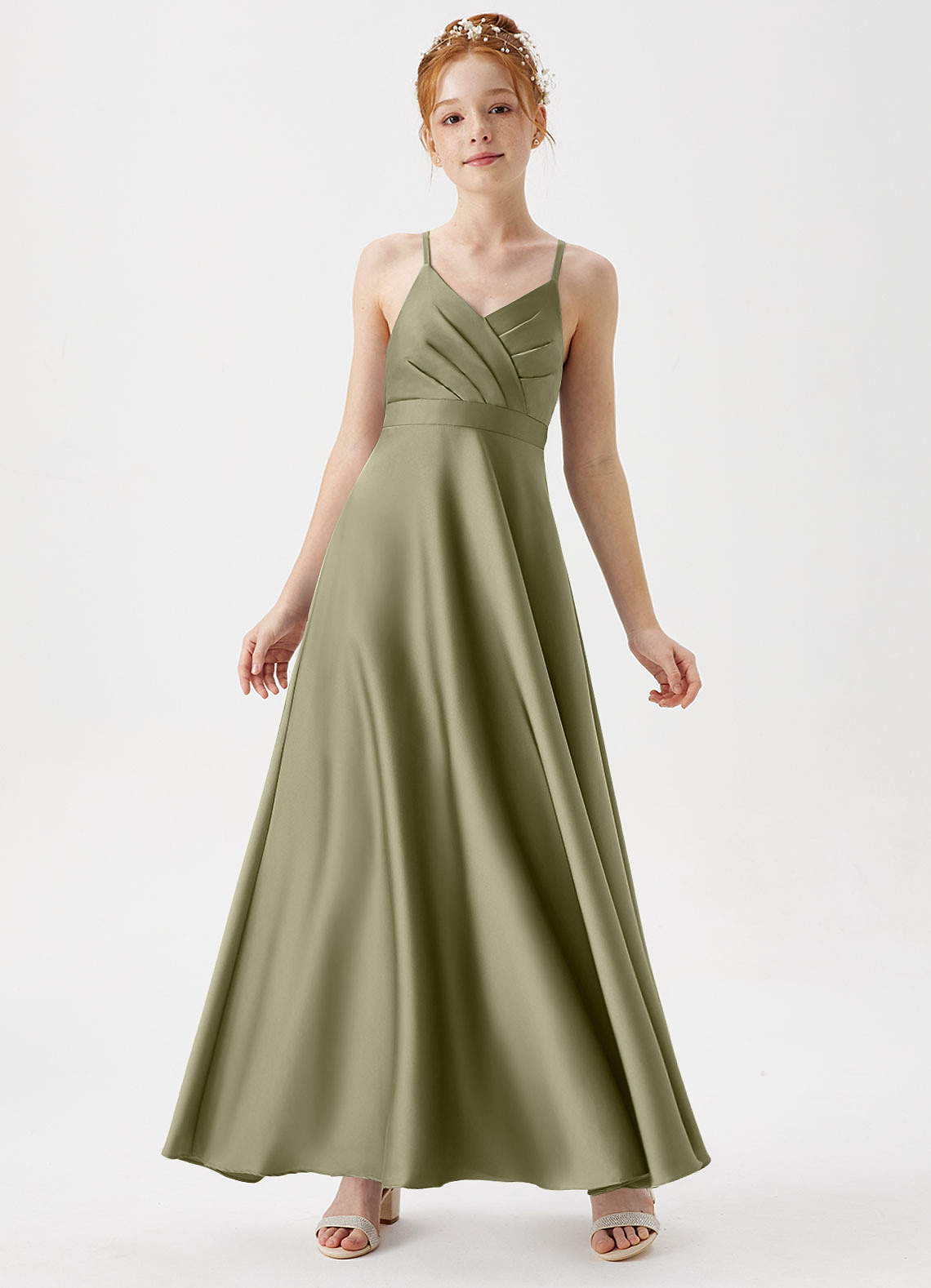 Azazie Avelina Junior A-Linie Plissee Stretch-Satin Kleid Pistazie image1