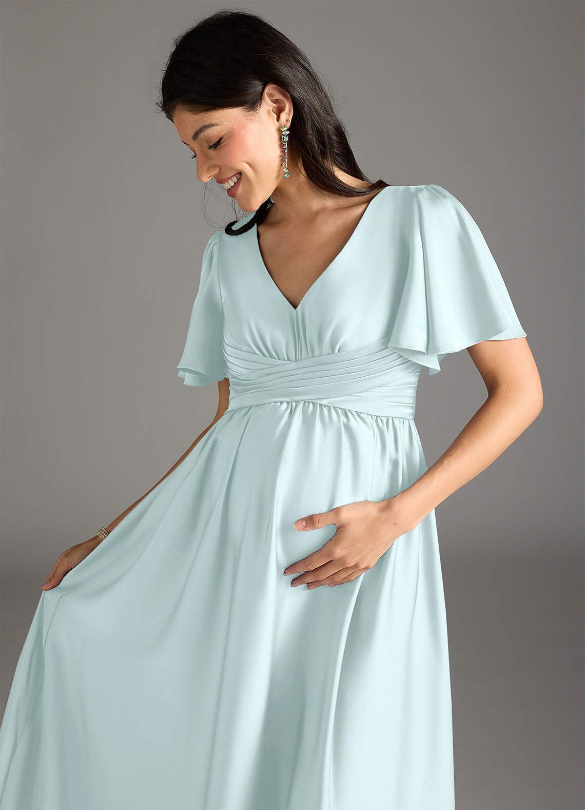 Azazie Verna Maternity Bridesmaid Dresses A-Line Ruched Stretch Satin Floor-Length Dress image1