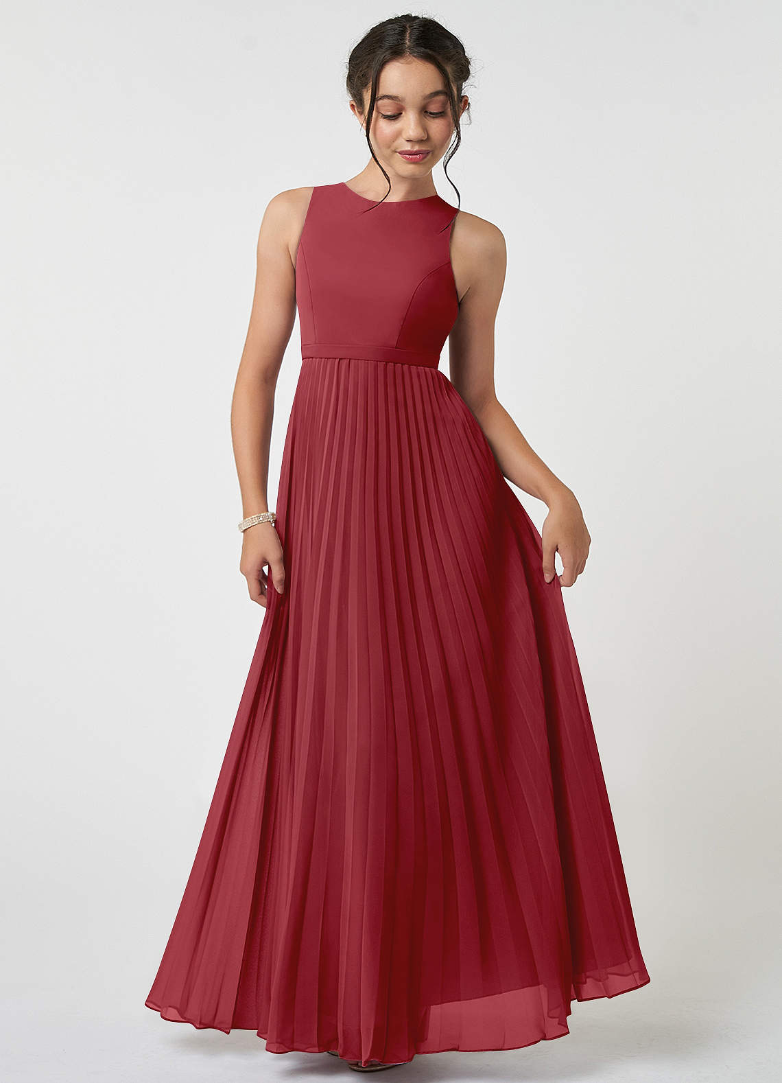 Azazie Lindie Junior Pomegranate A-Line Pleated Chiffon Dress image1