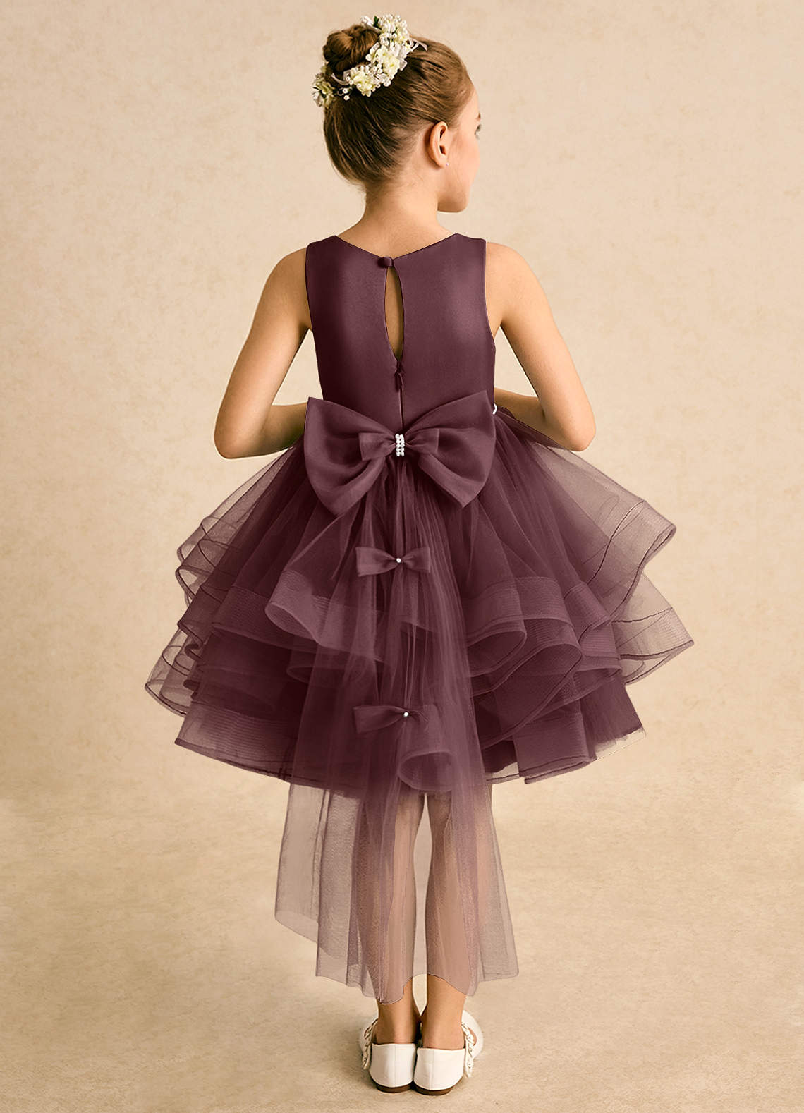 Azazie Tinie Blumenmädchenkleider Ballkleid Schleifen Tüll Kleid Sangria image1