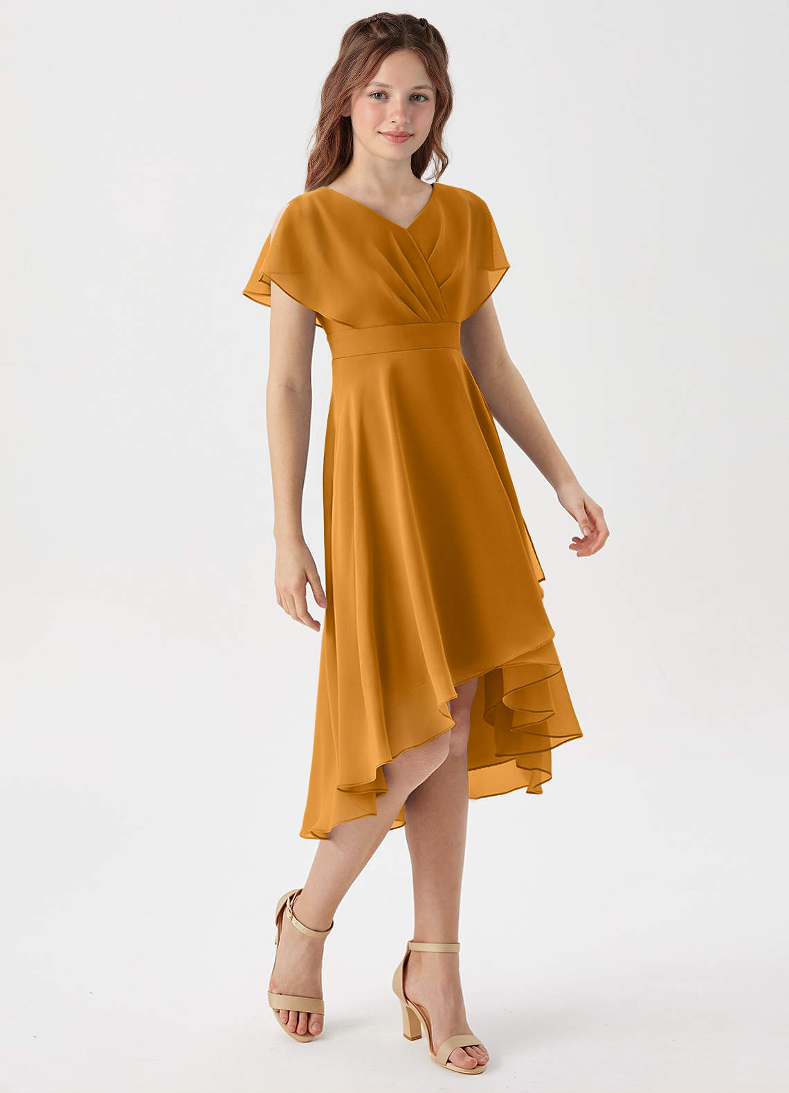 Azazie Graciela Junior Vestido Caramelo de Chiffon de Linha A com Plissado image4