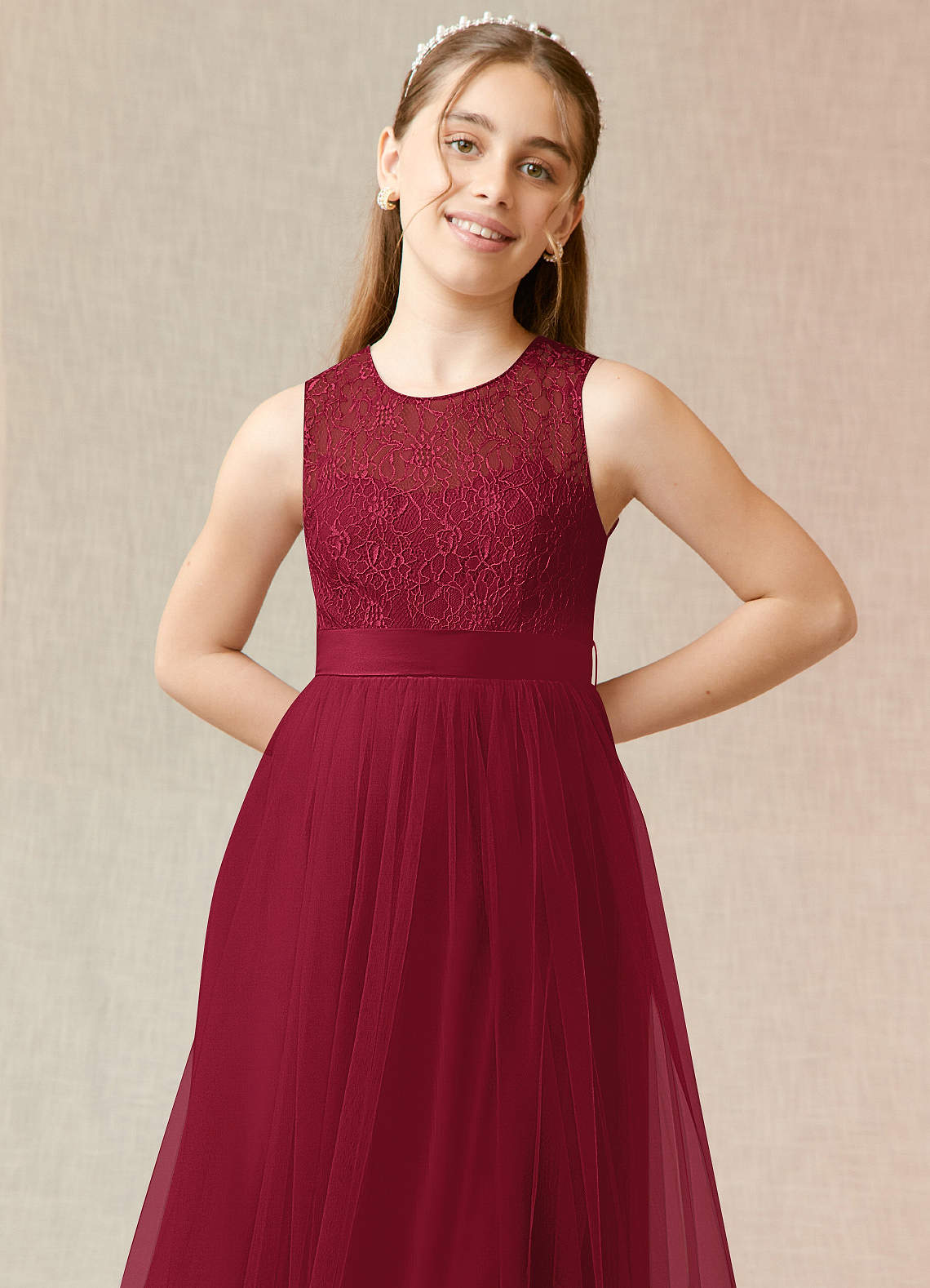 Azazie Georgette Junior Burgundy A-Line Lace Tulle Dress image4