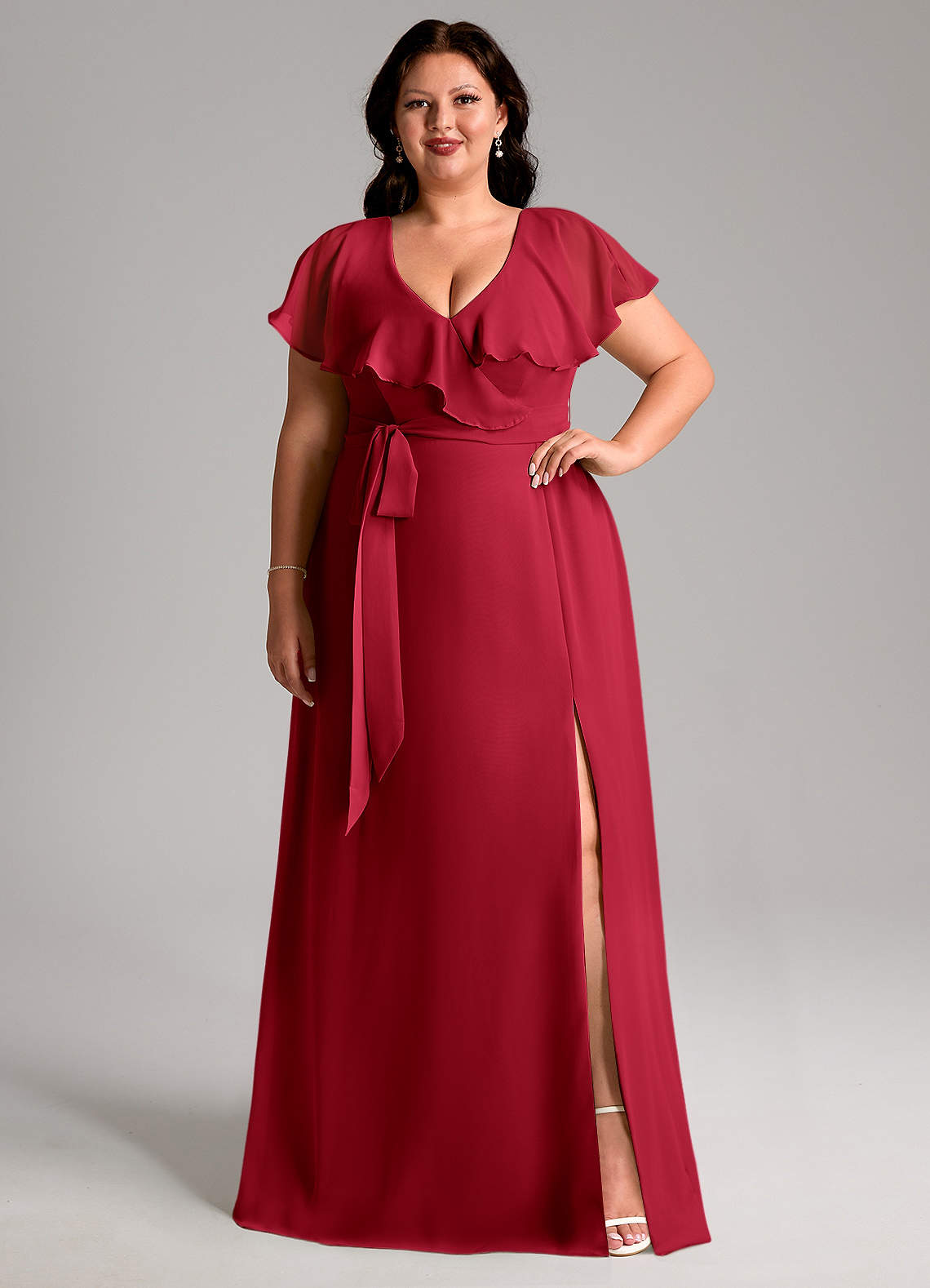 Azazie Lainey Brautjungfernkleider A-Linie mit Taschen Chiffon Kleid Scharlachrot image1