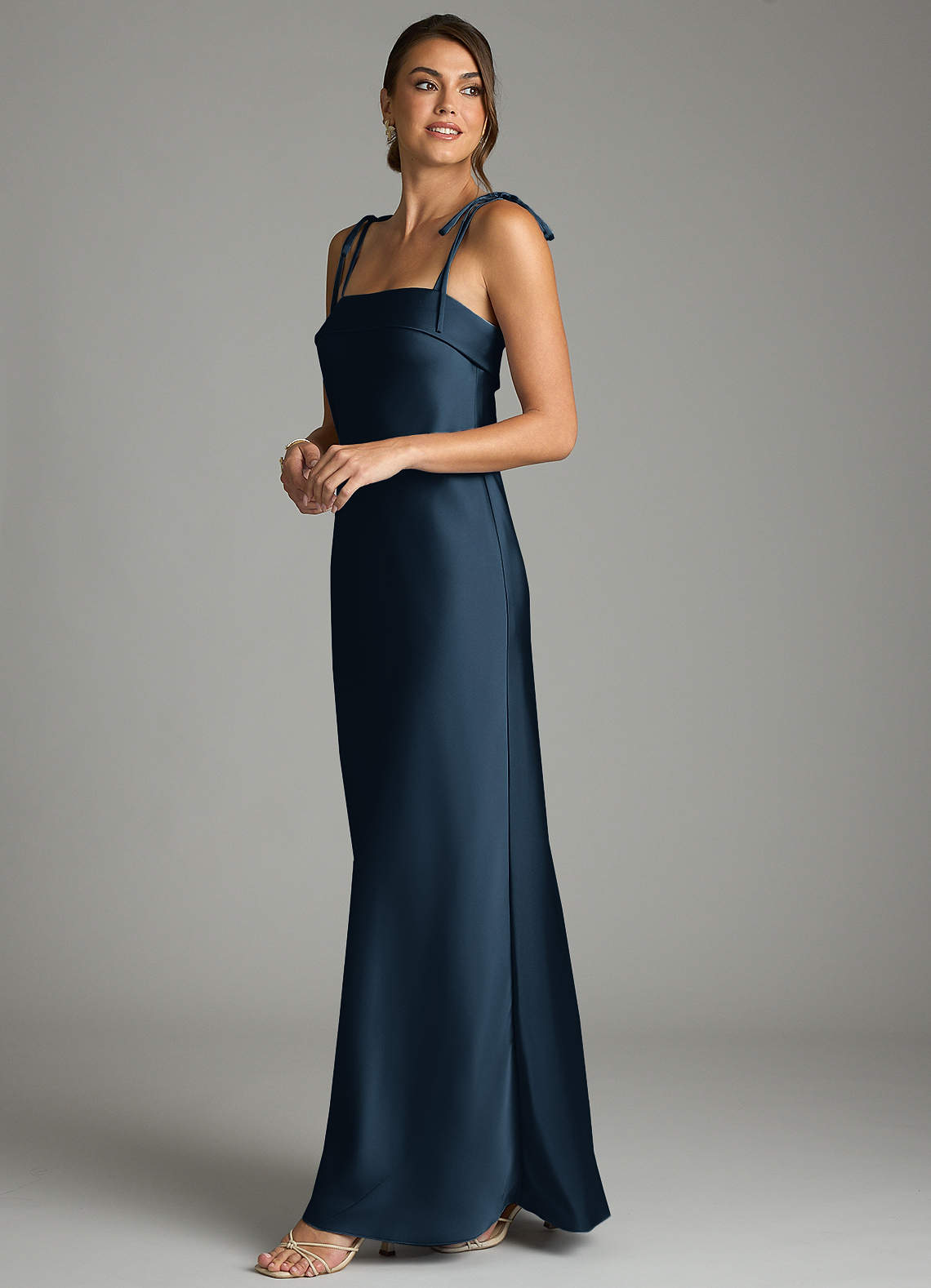 silk navy bridesmaid dresses Azazie Sheath Straight Floor-Length Stretch Satin Black PrettyLittleThing Bandeau Contrast handpleated skimming slip silhouette falls Size:Custom