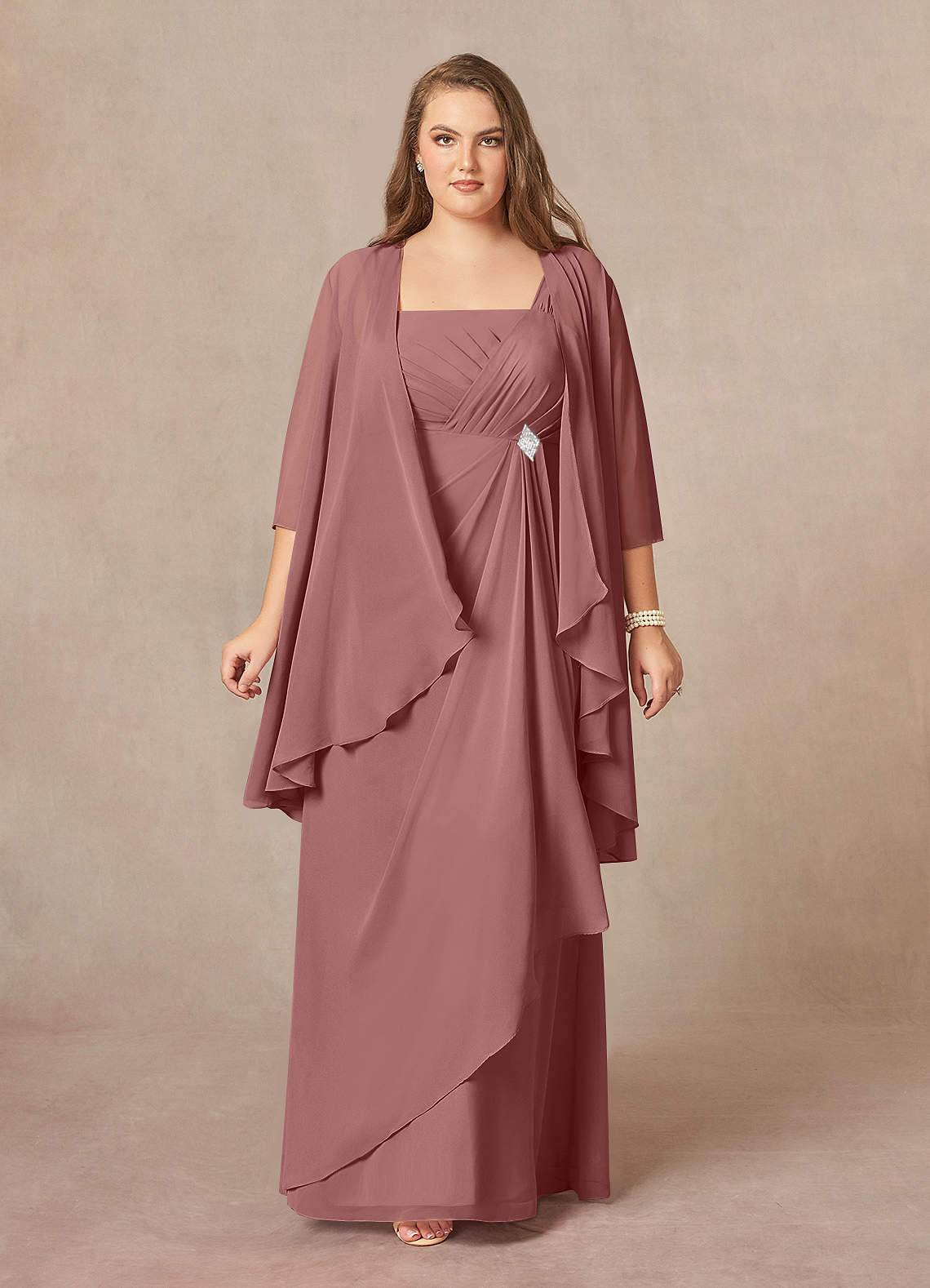 Azazie Weisz Mother of the Bride Dresses Desert Rose A-Line Square Neckline Pleated Chiffon Dress image1