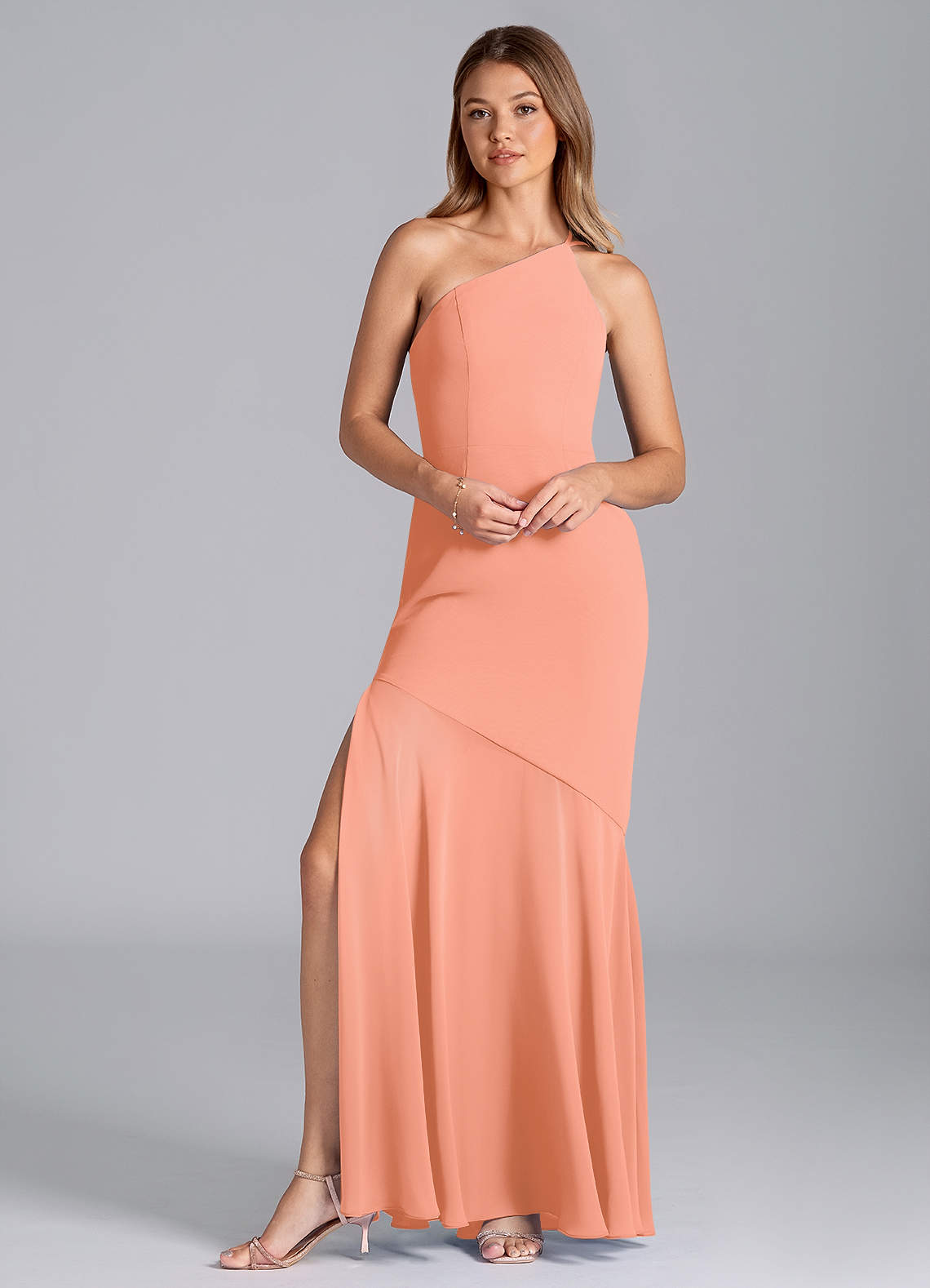 Azazie Tilla Vestidos de damas de honor Vestido de Atardecer de Gasa de Corte Sirena con Hombro unilateral image1