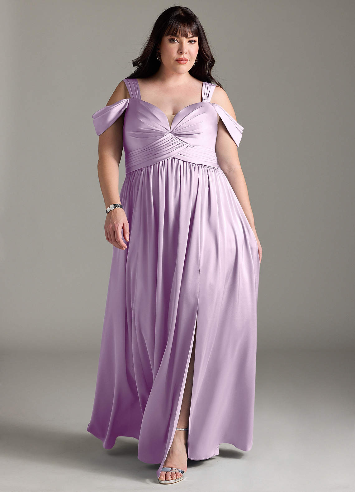 Azazie Lianne Bridesmaid Dresses Frosted Lilac A-Line Off the Shoulder Stretch Satin Dress image1
