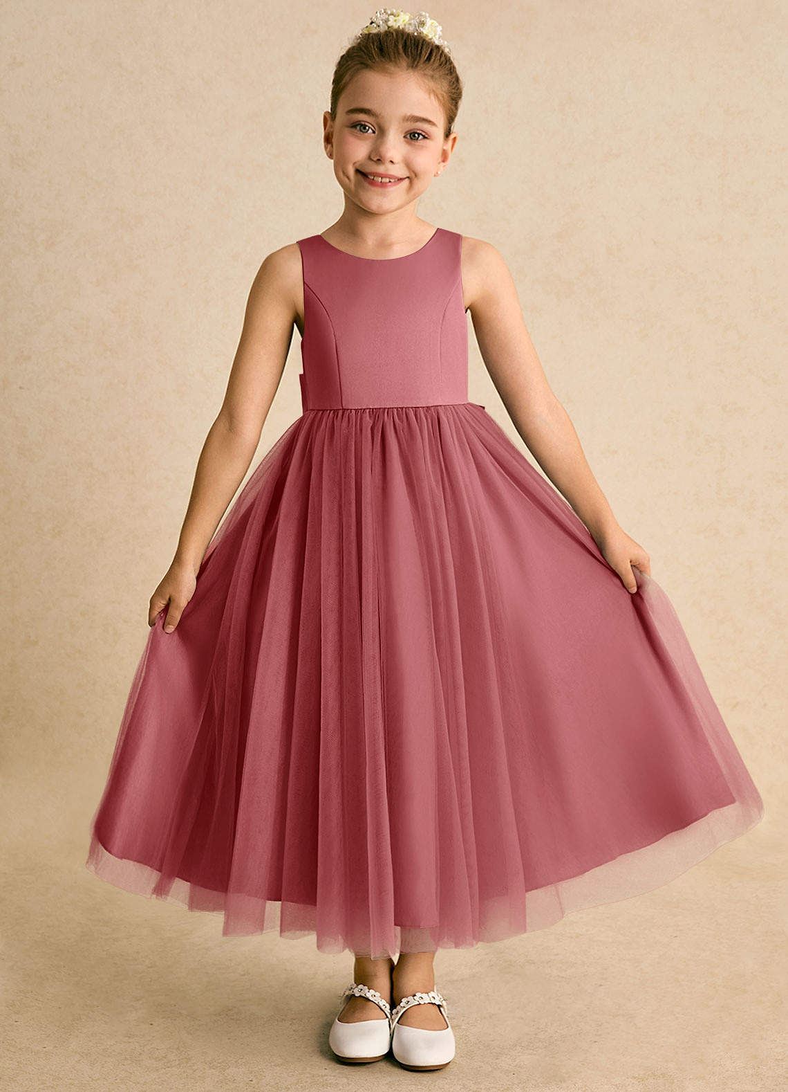 Azazie Solia Robe Demoiselle D'honneur Fillette Robe Princesse en Tulle Arc Antique Rose image1